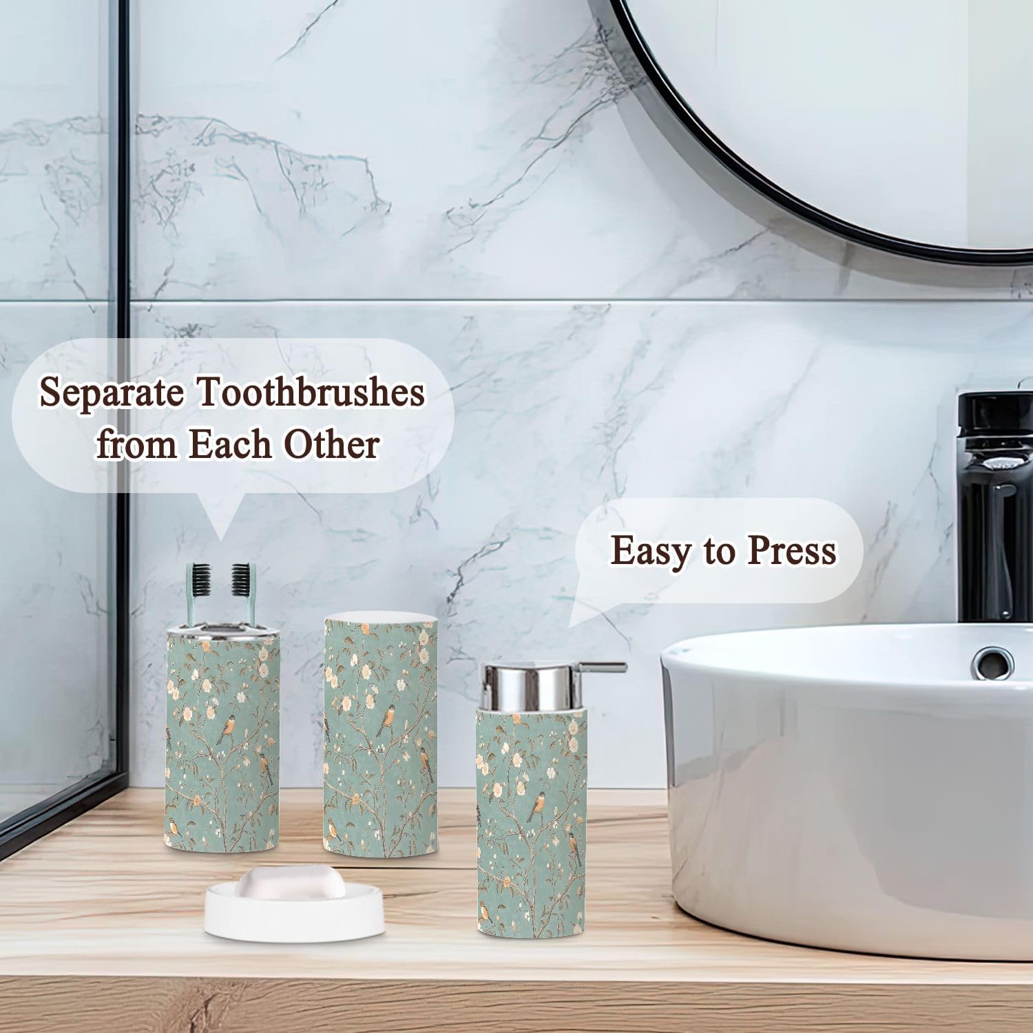 6 Piece Bathroom Accessories Set Vintage Bird Boho Floral Green Leaf Blossoming Branches Birds Motifs Trash can Toilet Brush Holder Toothbrush Holder Toothbrush Cup Soap Dispenser Soap Dish Boho