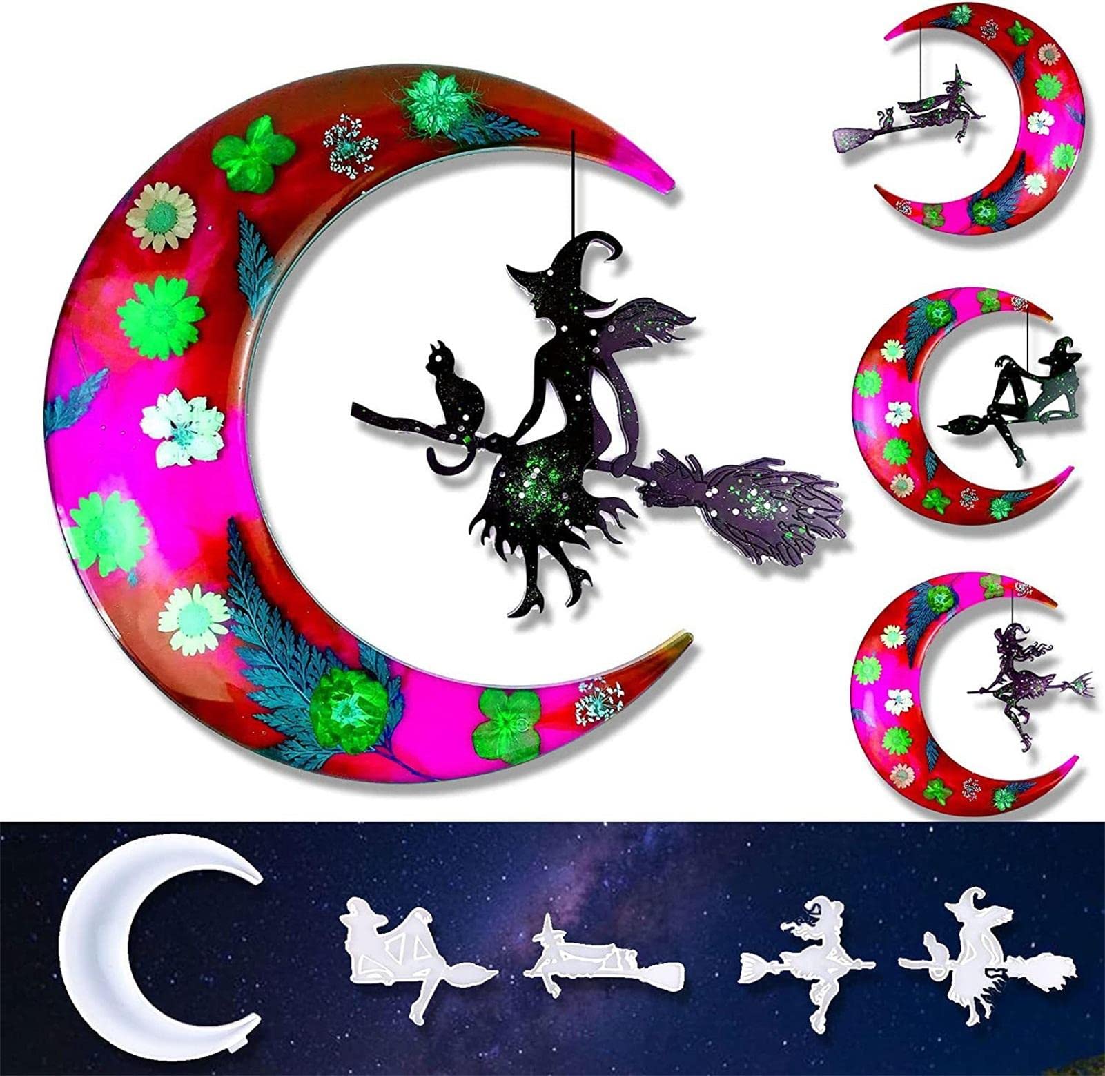 2 Forma Ksi? ?yca Halloween | ?ywica Halloweenowa Forma Dekoracyjna,Halloweenowe epoksydowe silikonowe formy odlewnicze z 1 ksi? ?ycem i 4 szt. Formy czarownicy, ywicy do dekoracji ?cian Zcsxk