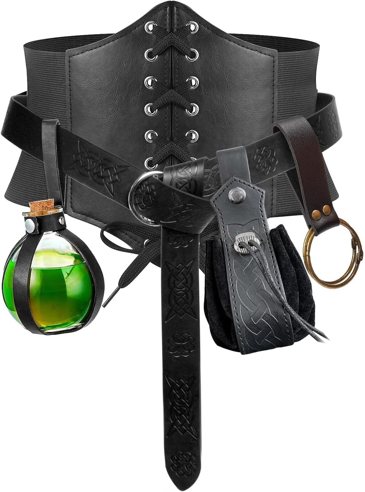 SUMGOGO 5PCS Corset Renaissance Belt Medieval Renaissance Belt Pouch Cork Potion Bottle Festival Halloween Costume Accessory, Black Large Fit Waist 35.8-45, Large, Black Large Fit Waist 35.8-45, Large