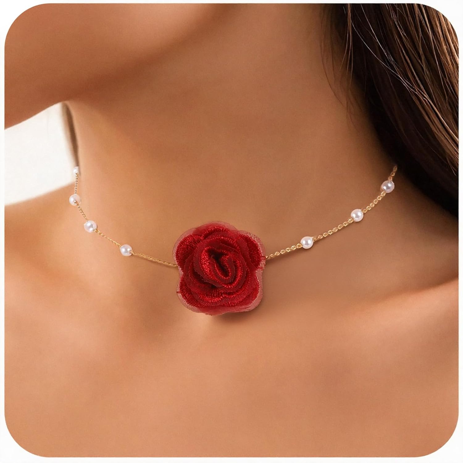 Vintage Flower Choker Necklaces for Women, Rose Necklace with Faux Pearl Handmade Adjustable Rosy Floral Choker Red Necklace for Women Party Prom - Image 3