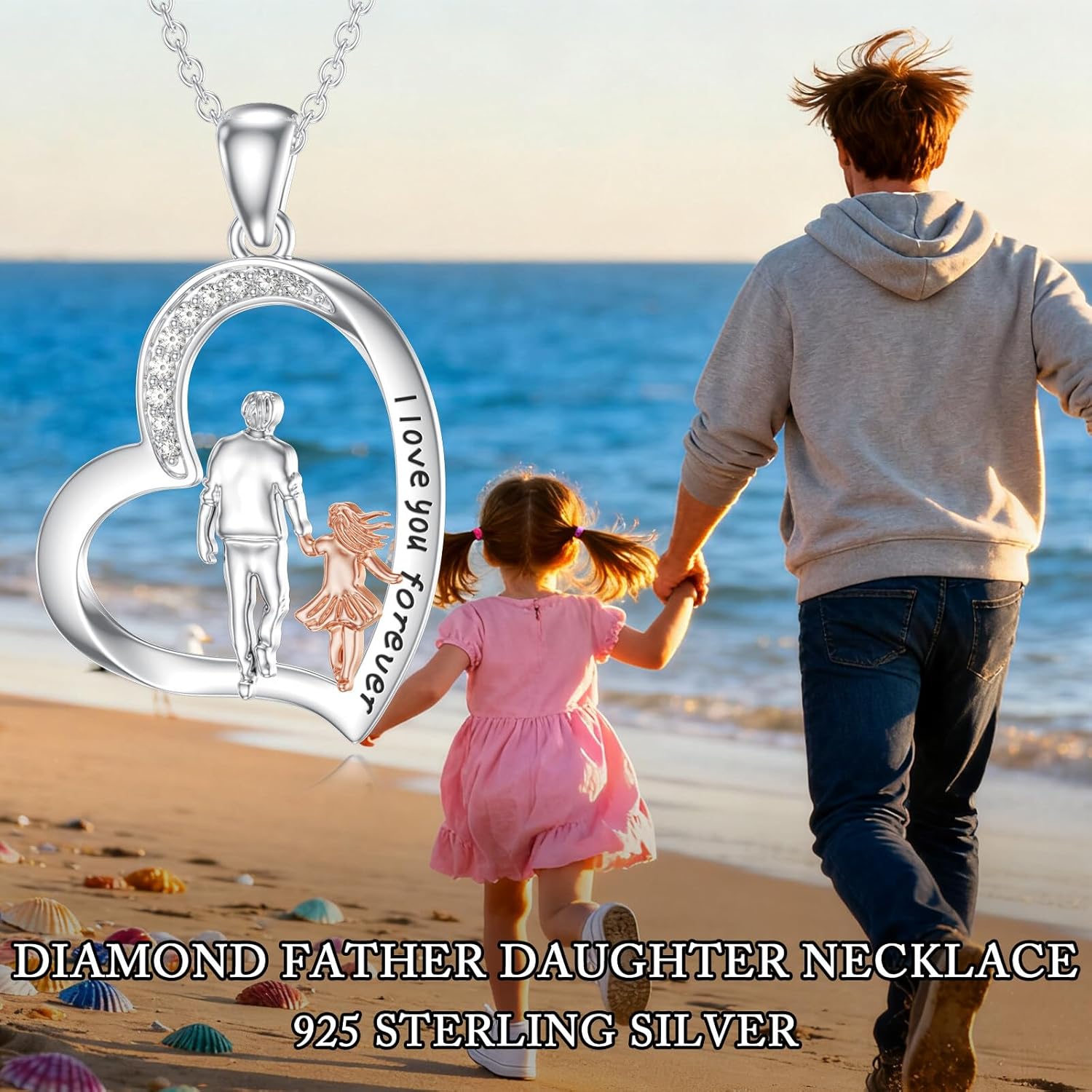 Diamond Father Daughter Necklace 925 Sterling Silver Daughter and Dad Heart Pendant I Love You Forever Jewelry Gifts for Women Sister Daughters