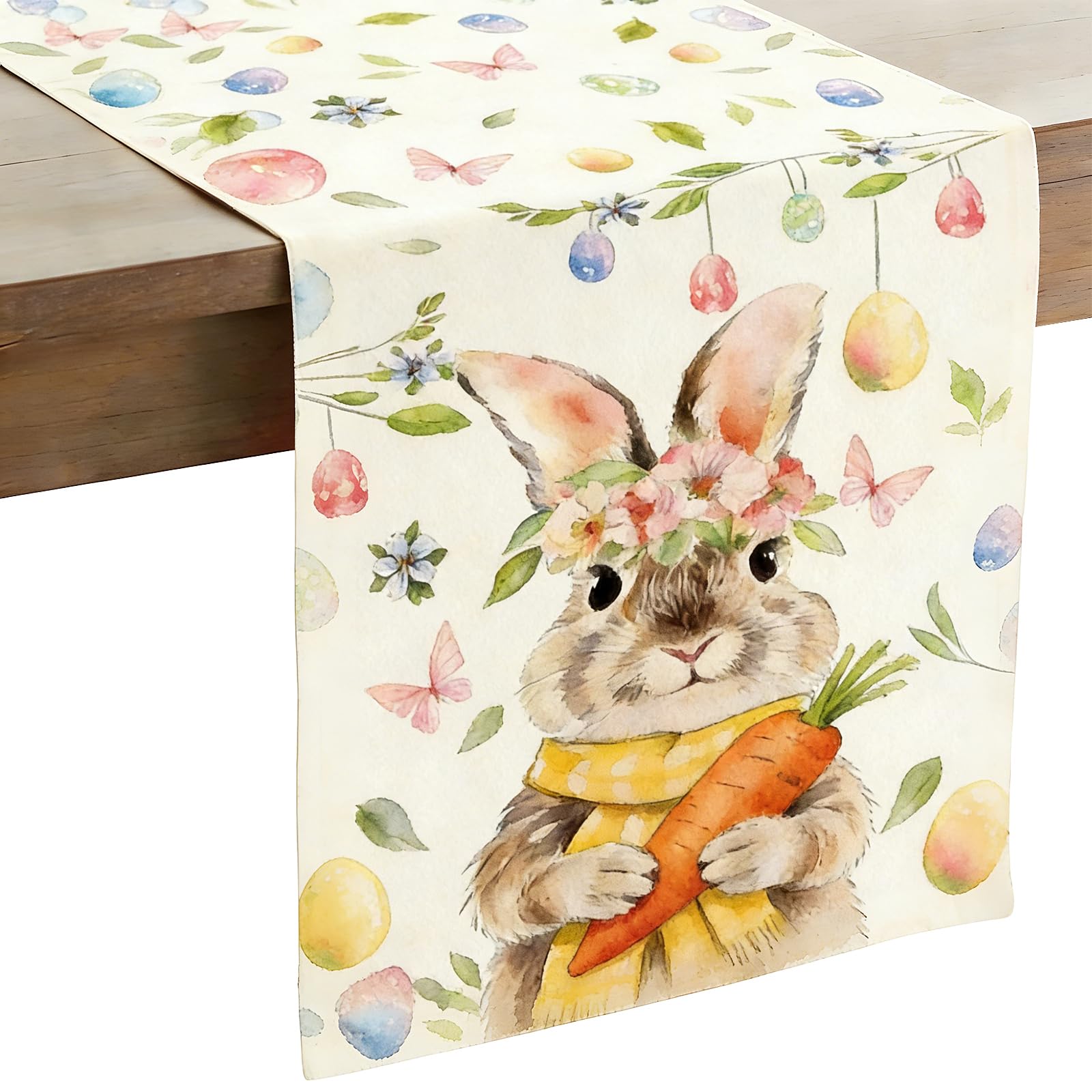 Xinjihongqiong Brown 1 Pcs Easter Table Runner, Easter Decorations, Easter Egg Kitchen Dining Table Decoration, Bunny Egg Flower Hessian Print Spring Holiday Home Party Decoration 183 X 33 Cm
