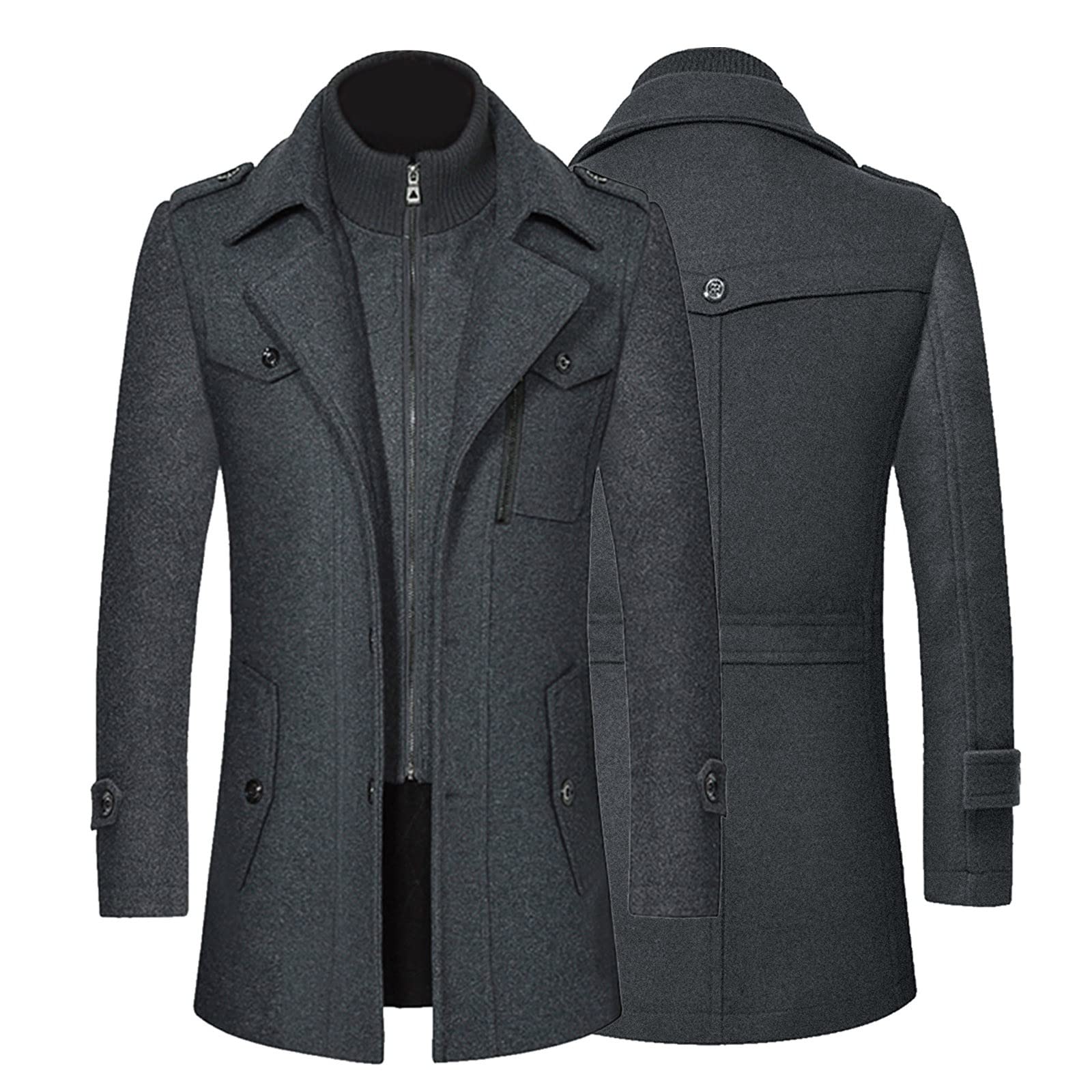 Sunnyuk Mantel Herren Lange Jacke Slim Fit Casual Wollmantel Wintermantel Kerbkragen mit Knopfleiste Trenchcoat Herrenmantel Winter Warme Oberbekleidung Schwarz Einreiher Business Outfit Coat