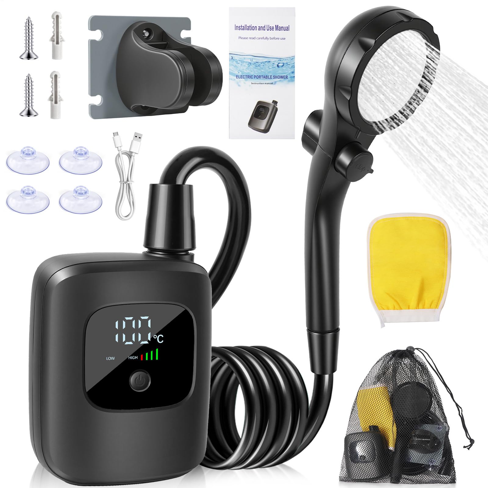 Générique Douche Portable 2400mAh Équipement De Bains en Plein Air | Douche De Pour Animaux Utilisation Polyvalente Pour Campeurs, Plage, Randonnée, Caravanes, , Pêche