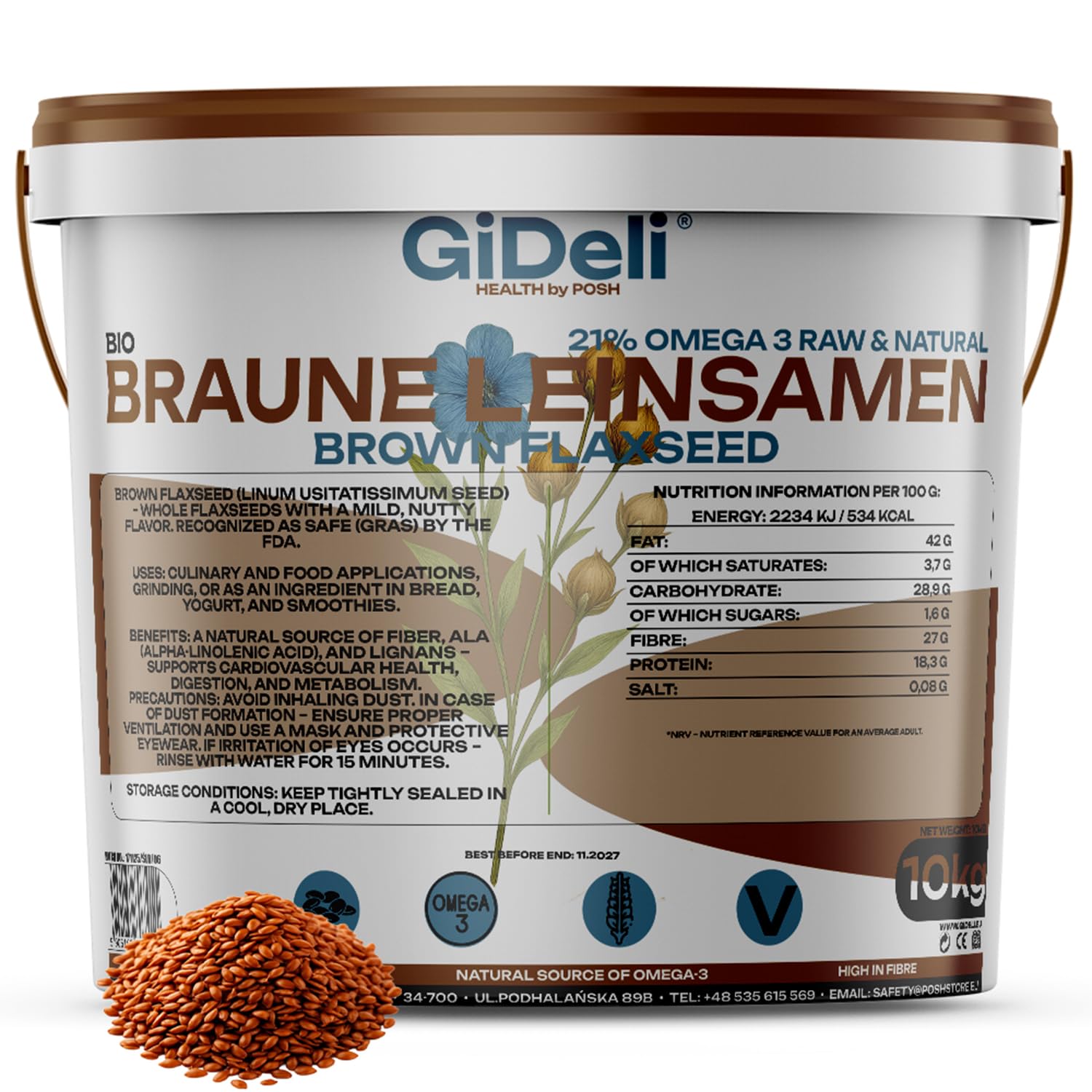 GiDeli Graines de Lin Brun 10kg – Riches en Protéines et Oméga-3 – Faibles en Sucre – Idéales pour Boulangerie et Pâtisserie – Saveur Douce Noisette – Pour Cuisine et Vegan – 100% Naturel