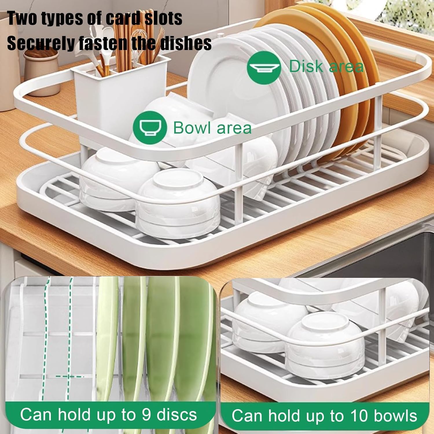 Kitchen Dish Drying Rack with Drainer Tray, Stainless Steel Dishes Drainer with Utensil Holder, Multifunctional Kitchen Utensil Holder Removable Plastic Drainer Tray for Dishes (Gold+Cup Holder)
