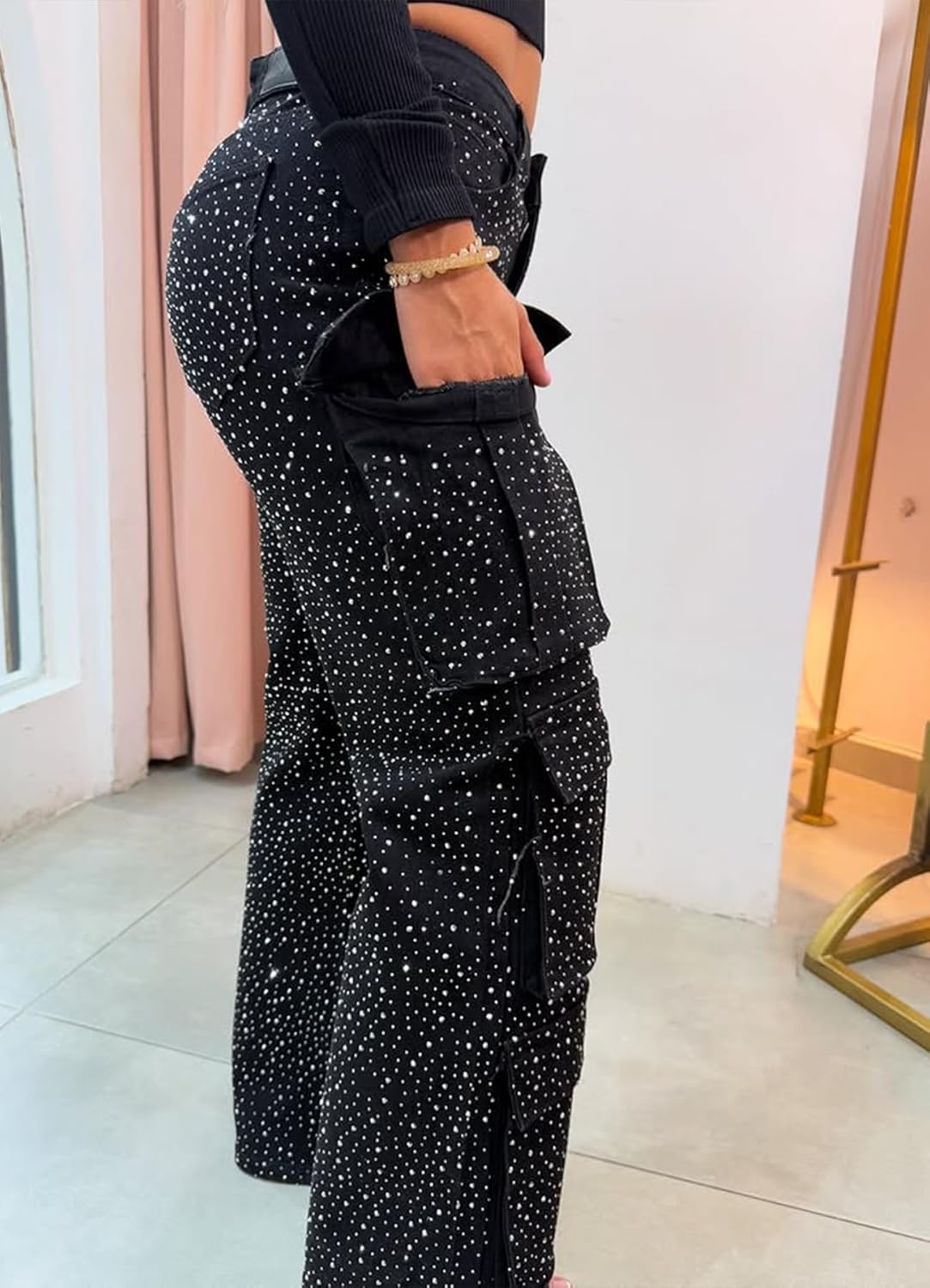 Womens High Waisted Rhinestone Jeans Black Straight Chic Baggy Wide Leg Bling Denim Pants Loose Fit Pearl Jeans - Image 4