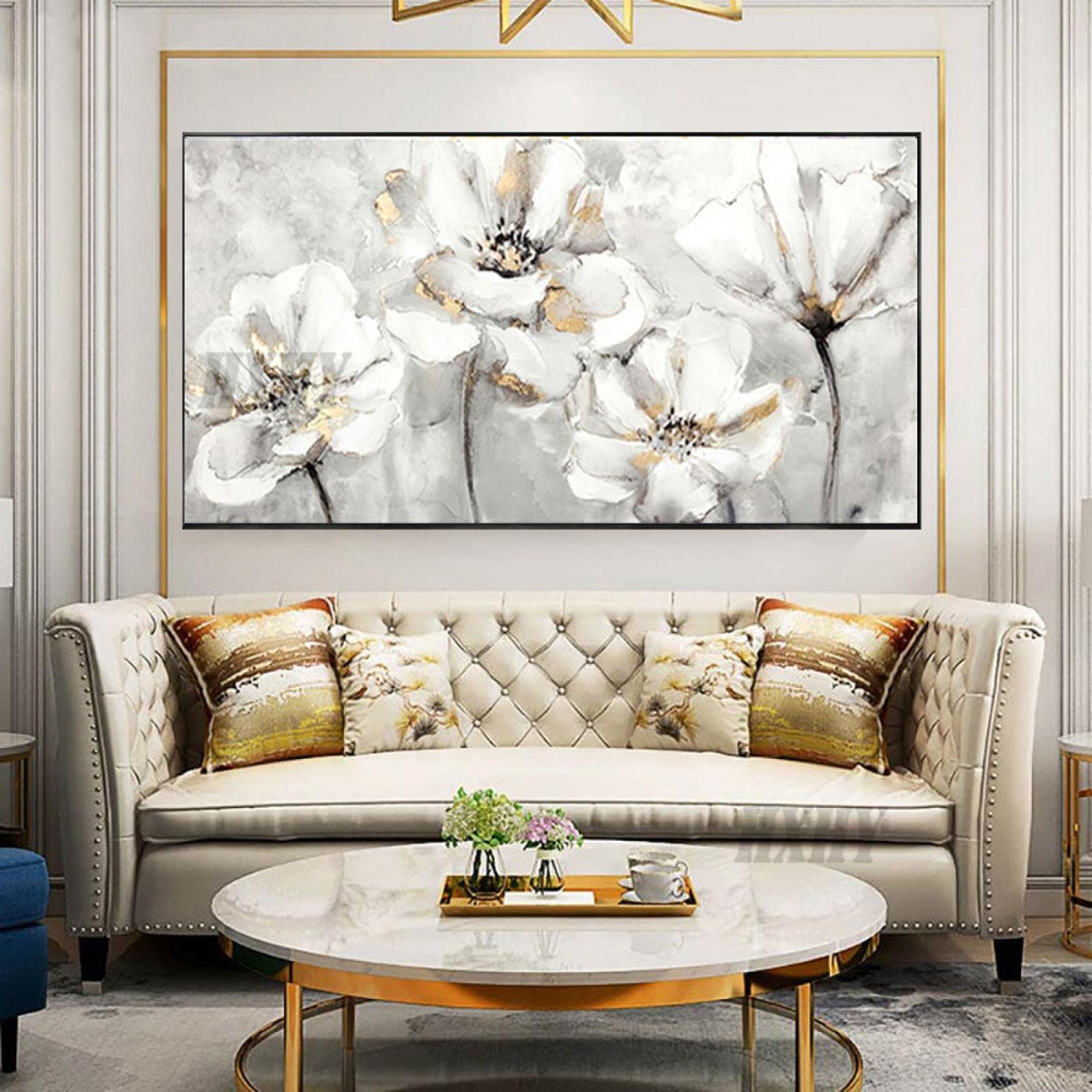 Amazon.co.jp: 白い花の絵ゴールドキャンバス油絵モダンな屋内壁アート