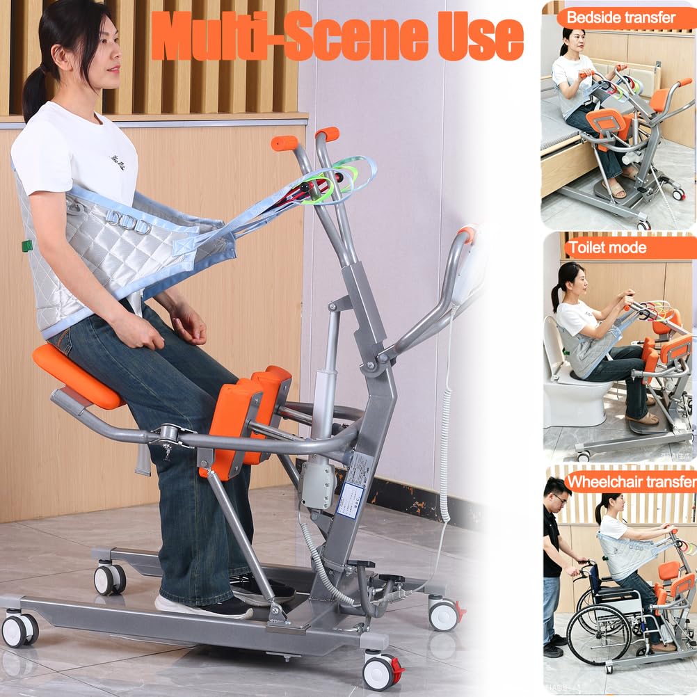Grúa Eléctrica De Transferencia De Sentado A Pie para Pacientes, 150 KG | Silla elevadora y de transferencia de alta capacidad para personas mayores, con asiento dividido 180° y ruedas con freno