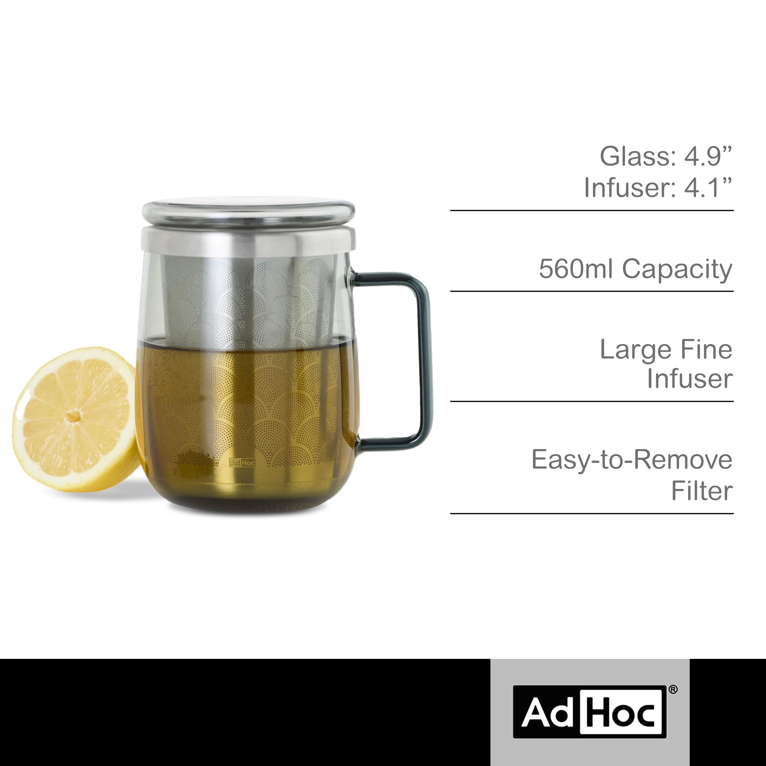 AdHoc Szklanka do herbaty z zaparzaczem/filtrem, 560 ml, szkło borokrzemowe, pokrywka w zestawie