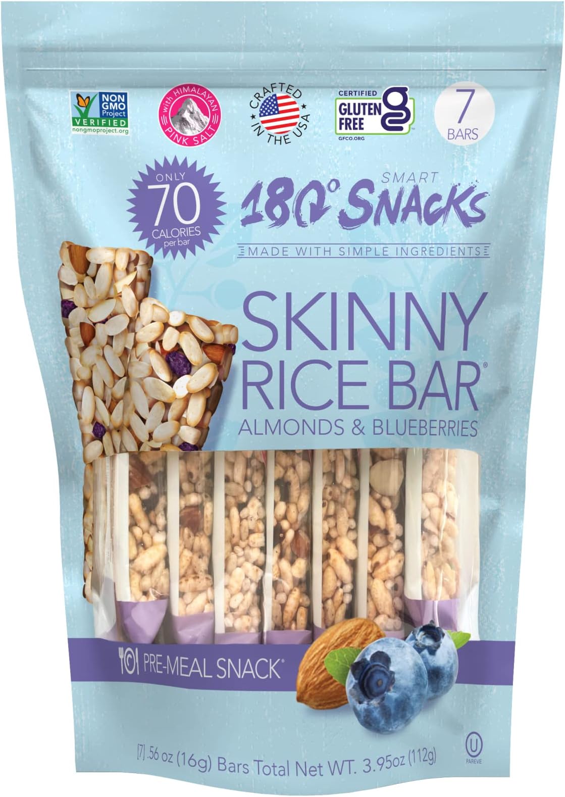 180 Snacks Pre-Meal Snack Skinny Rice Bar with Himalayan Salt 1 Pack, 3.22oz (Blueberry & Almond)