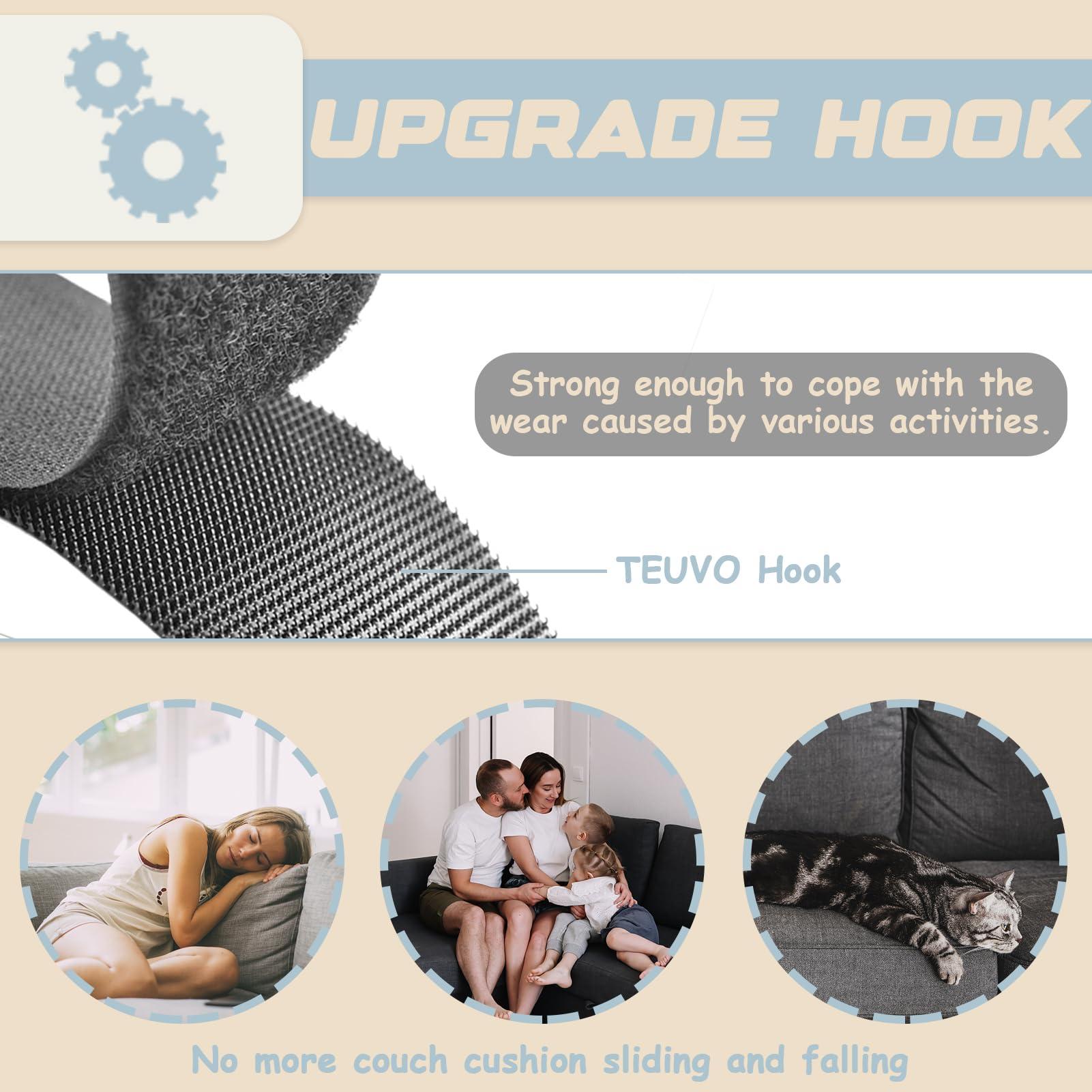 TEUVO 11cm x 6m Belcro Doble Cara Grande para Mantener Cojines en Su Lugar, Adhesivo Fuerte Cinta Hook and Loop Ancho Negro para Hogar y Oficina