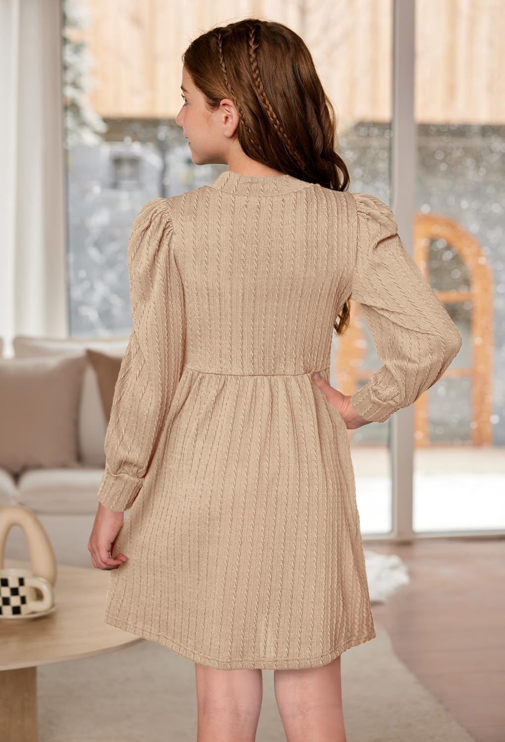 BesserBay Girls Fall Knit Textured Mock Neck Puff Long Sleeve Midi Dress with Pockets 6-14 Years - Image 6