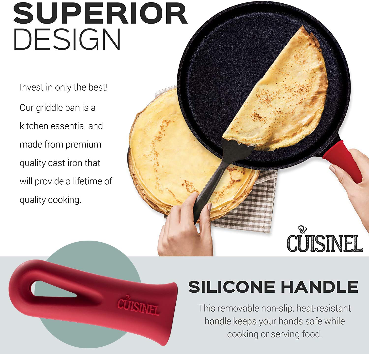 Buy Cast Iron Round Griddle 10.5”Inch Crepe Maker Pan + Silicone