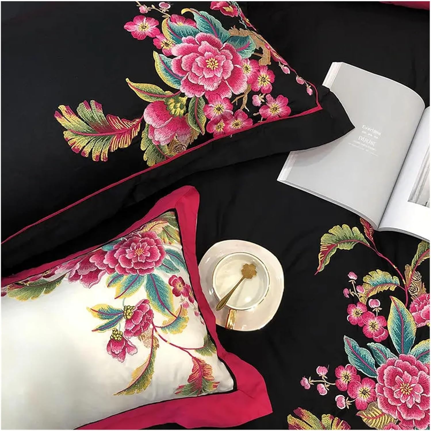 Luxury Embroidery Bedding Set King Queen Size Bed Linen Black Egyptian Cotton Duvet Cover Flat Sheet Pillowcases 4pcs,Bed