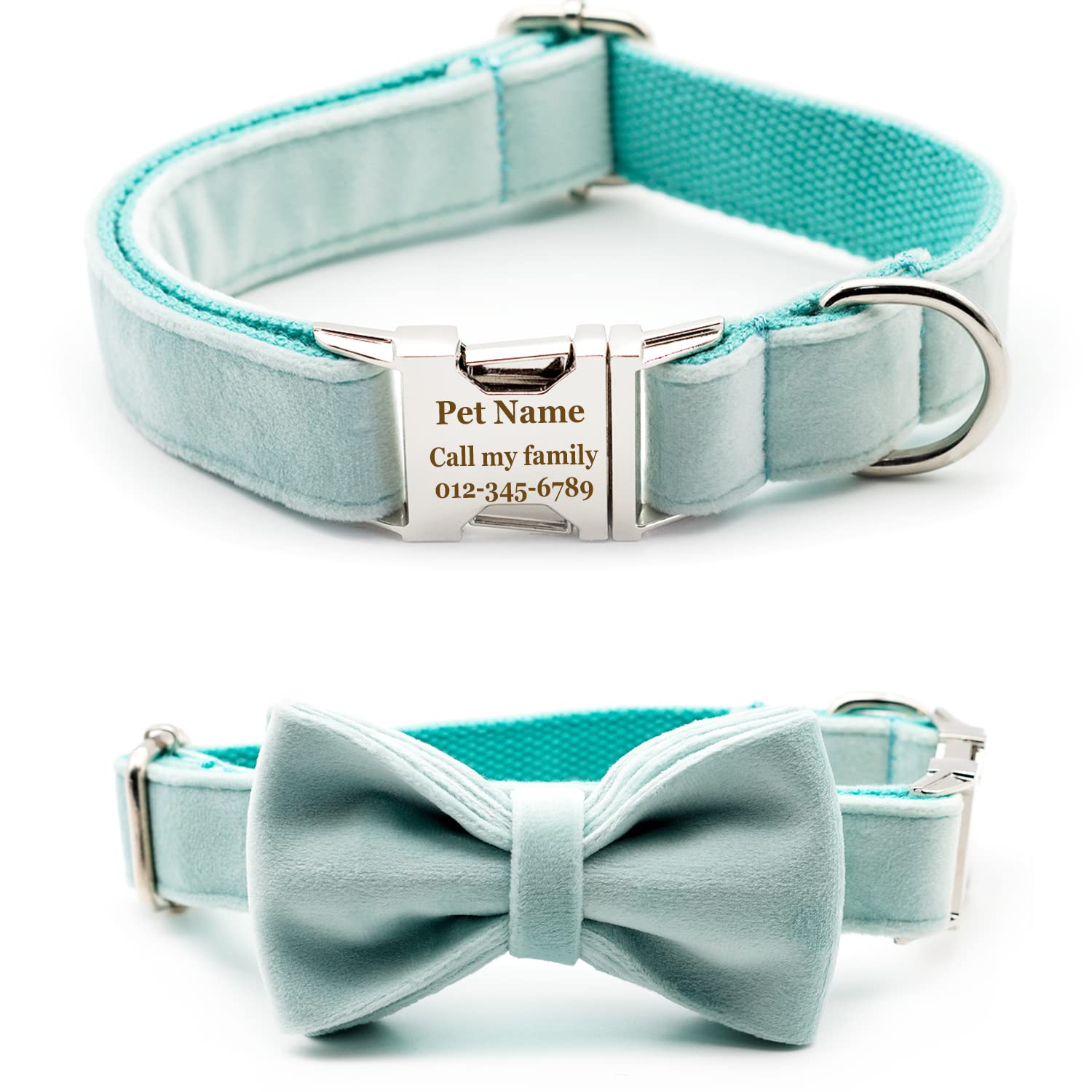 Personalized Dog Collar with Bowtie, Engraved Collar with Customized Text for Large Medium Small Dogs Think Velvet Style (Thick Aqua Velvet)