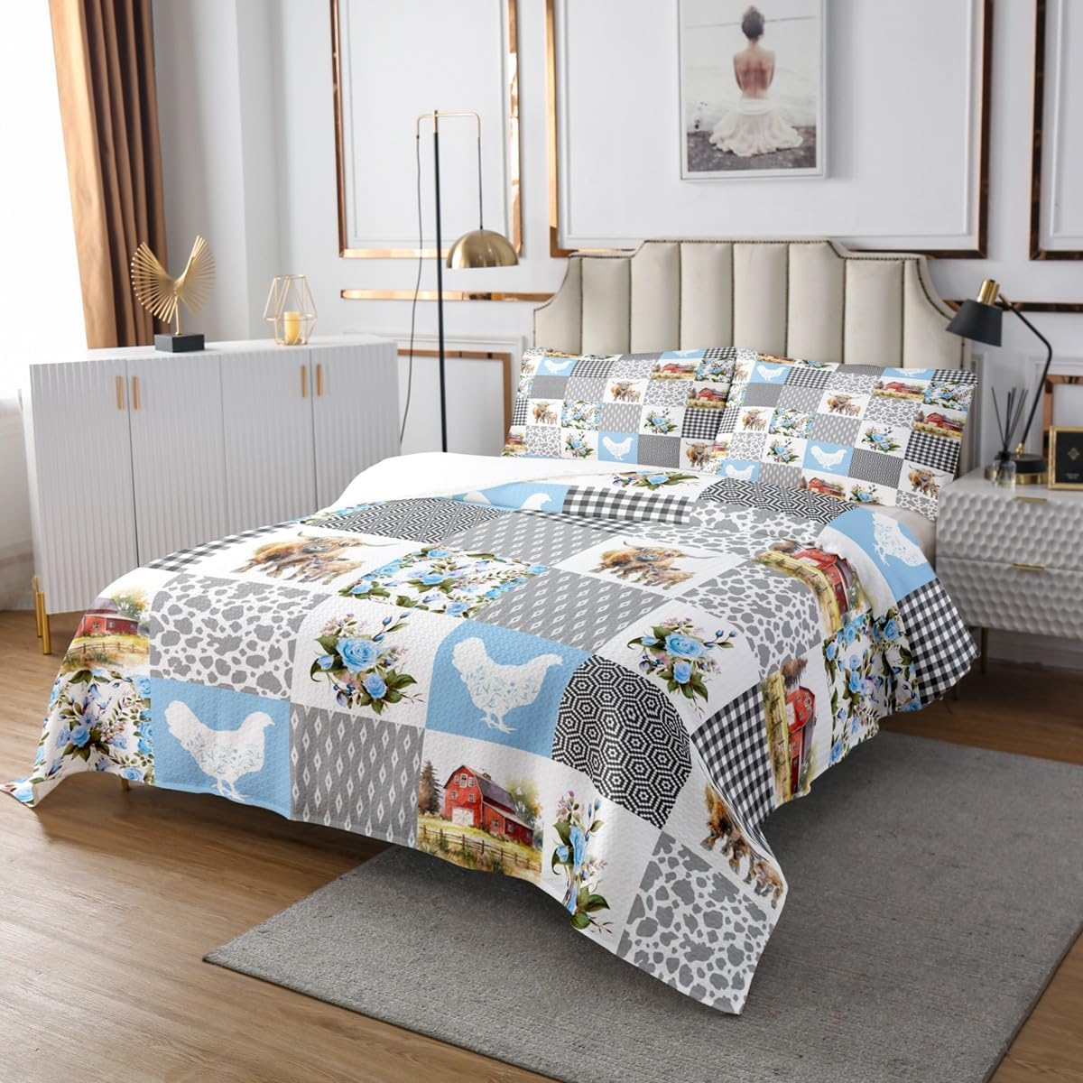 Farmhouse Barn Bedspread King Size for Adult Women,Chicken Highland Cow Flowers Grid Quilt Set with 2 Pillowcases,Rustic Pink Patchwork Geometric Decor Bedding Quilted,Breathable