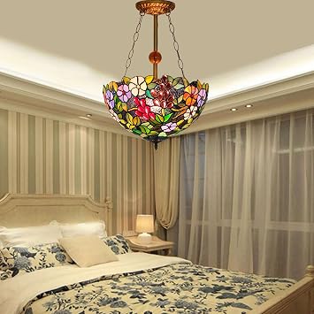 Tiffany-Style Ceiling Light,Victorian Art Anti-Chandelier,Green Pink Brown Blue Stained Glass Grape Shade,16 Ceiling Pendant Light for Living Room Dining Room,20 Metal Chain
