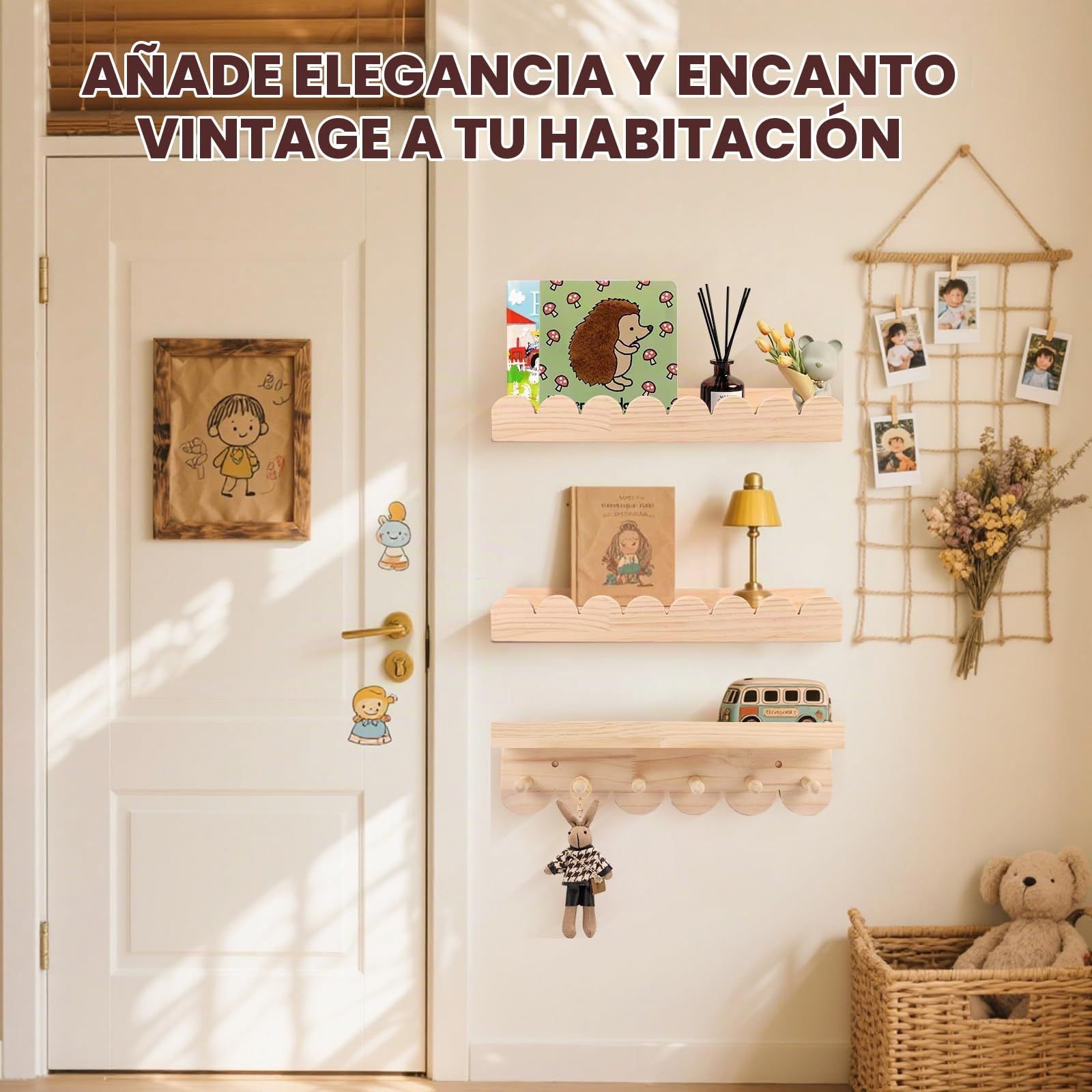 Juego de 3 estantes de Pared para niños de Madera Maciza con 6 Ganchos, estantería de 40 cm, Estante de Pared para Dormitorio para Libros y Juguetes, Estante Montessori para niña