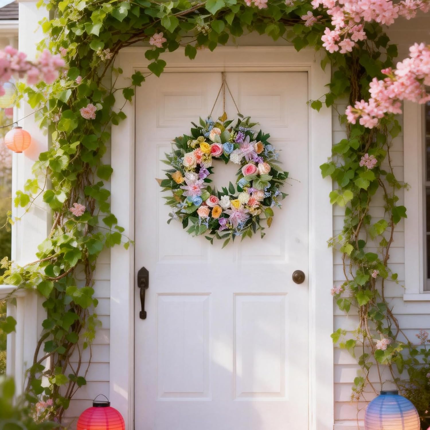 Idyllic 22 Inch Spring Wreath for Front Door with Pink Blue Roses and Hydrangeas Romantic Artificial Flower Wreath for Indoor Outdoor Wedding Porch and Wall Decor