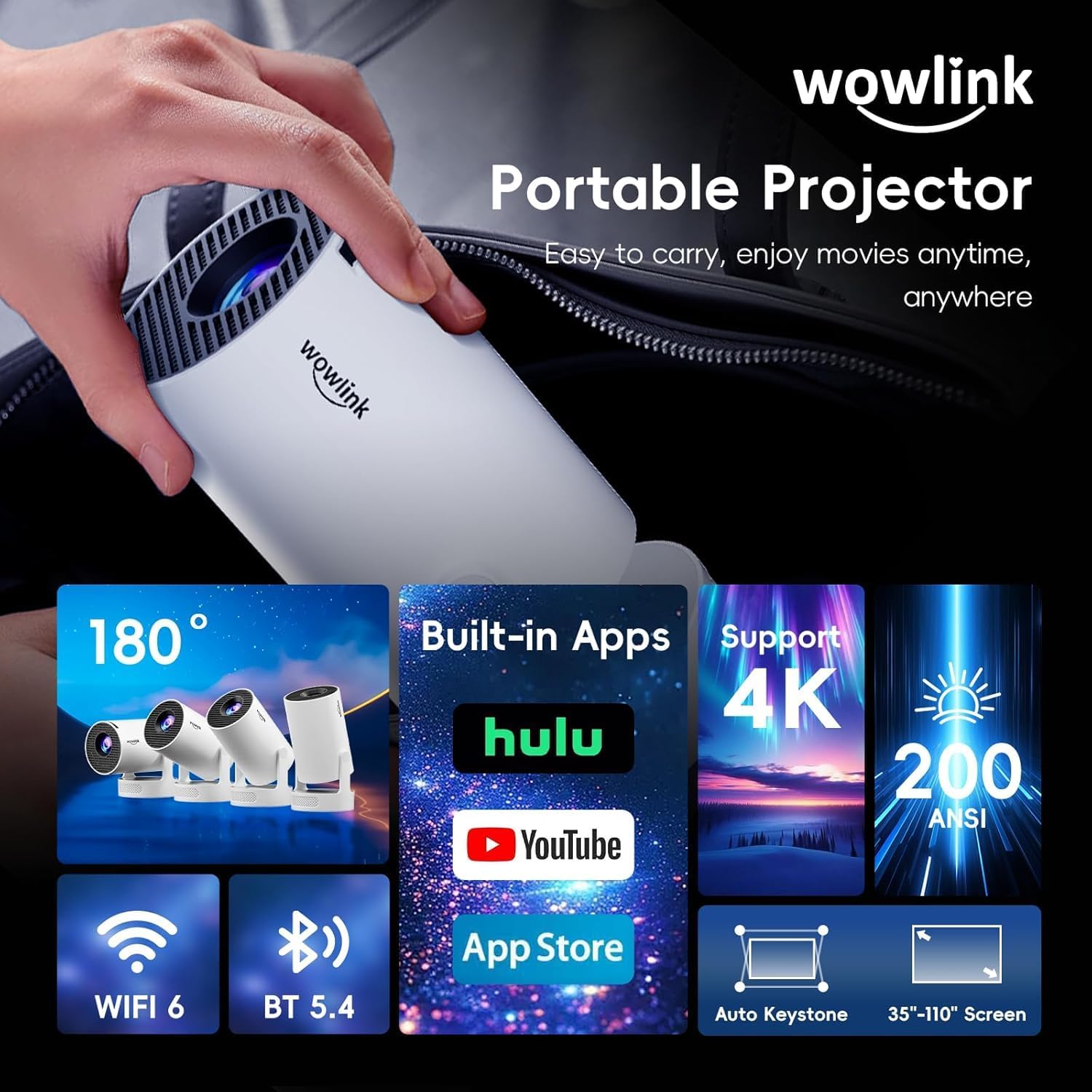 [Apps intégrées & 2026 Upgraded] Vidéoprojecteur avec WiFi 6 et Bluetooth 5.4 Mini Projecteur Supporte 4K 1080P Auto Keystone Rotation 180° Compatibile avec HDMI/TV Stick/Memory Stick/Laptop, Blanc