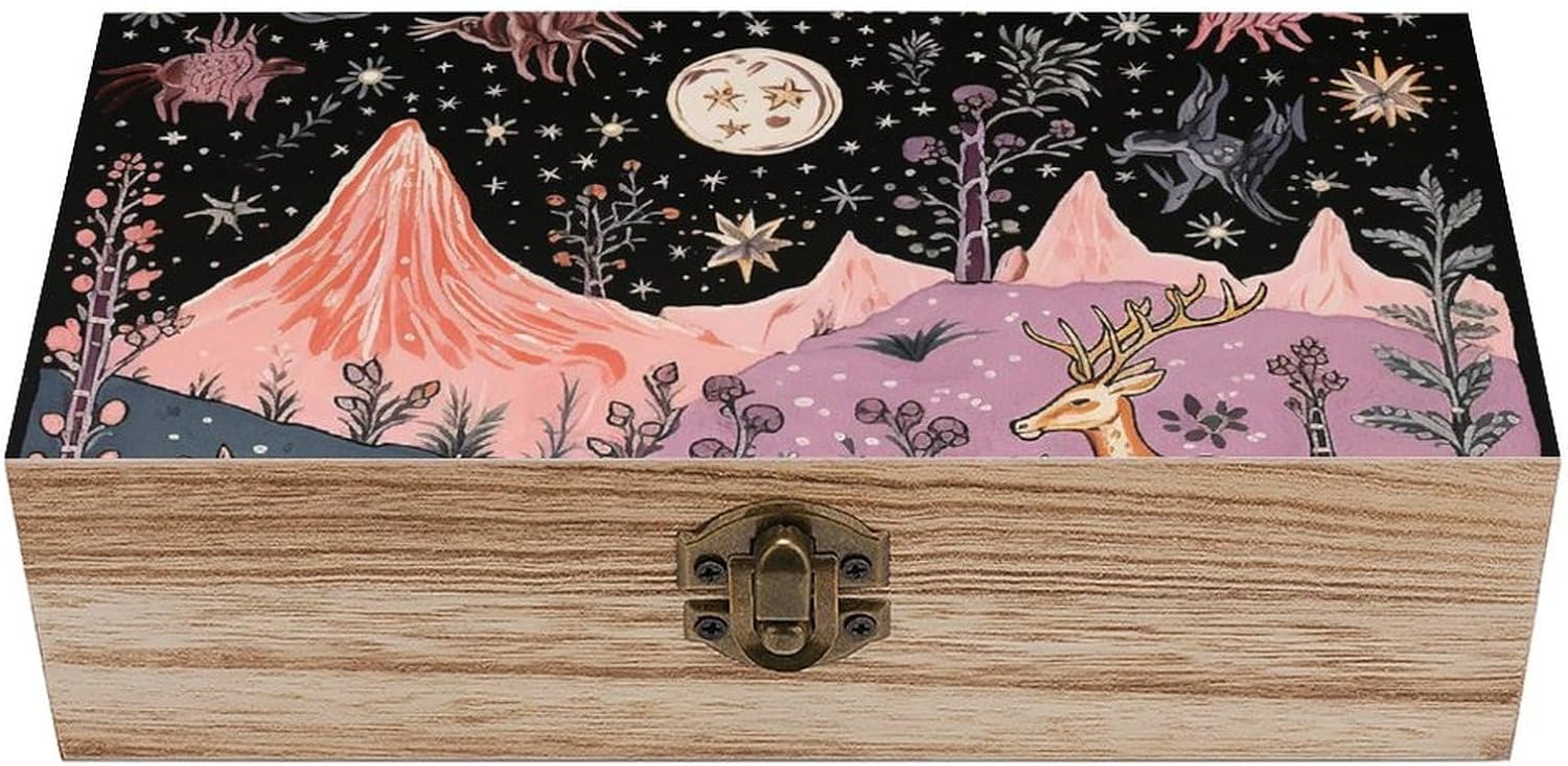 Animals On The Field Wooden Box with Hinged Lid, Large Photo Storage Box for Women Men, Keepsake Treasure Chest Boxes, Jewelry Organiser Case, Memory Case, 7.9'' X 3.9'' X2.3''