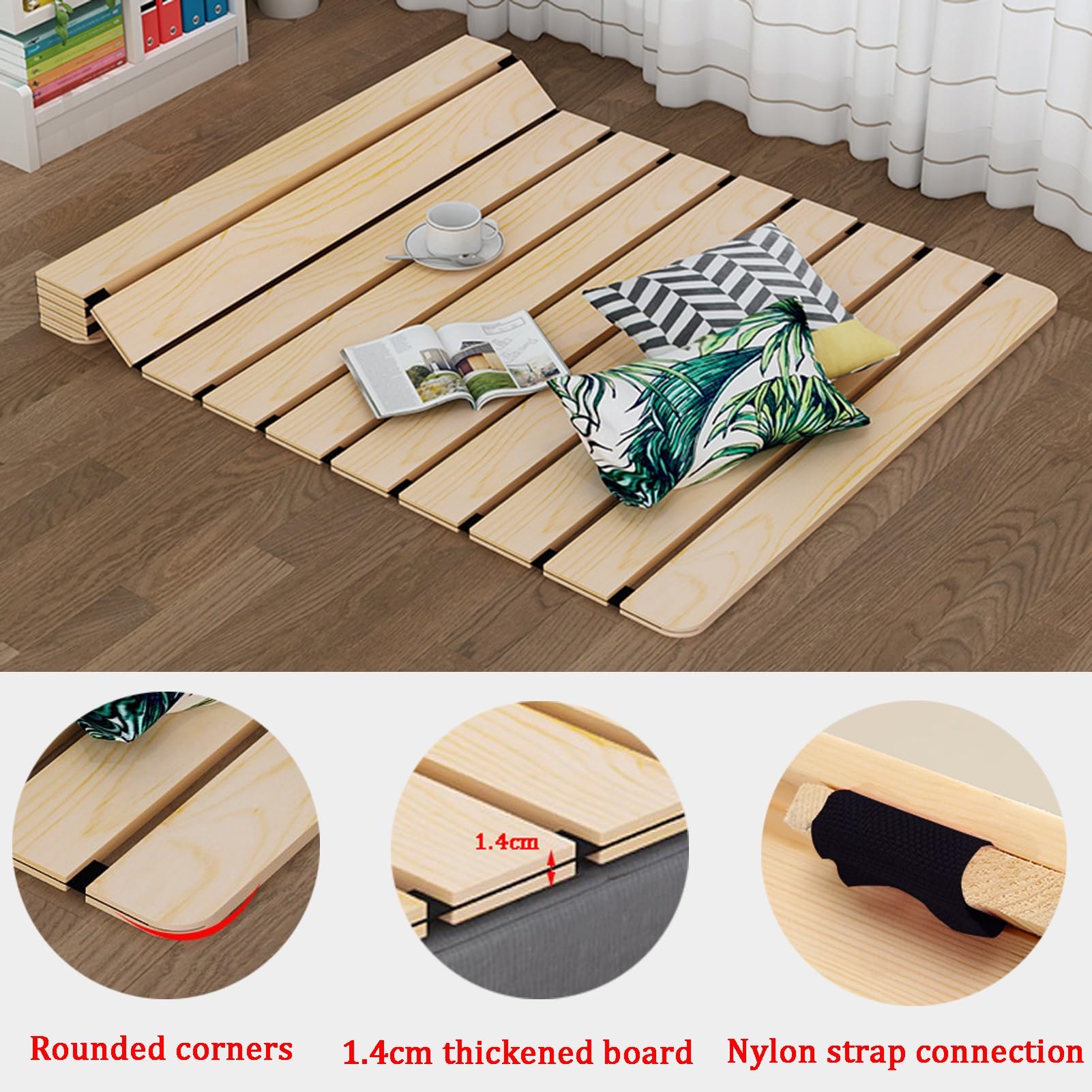 Massivholz-Bettstützlatten für Einzelbett, 60 x 90 cm, faltbares und atmungsaktives Design, aufrollbare Schlafmatratze mit Nylonschnur, verbessert Ihren Schlafkomfort und Unterstützung