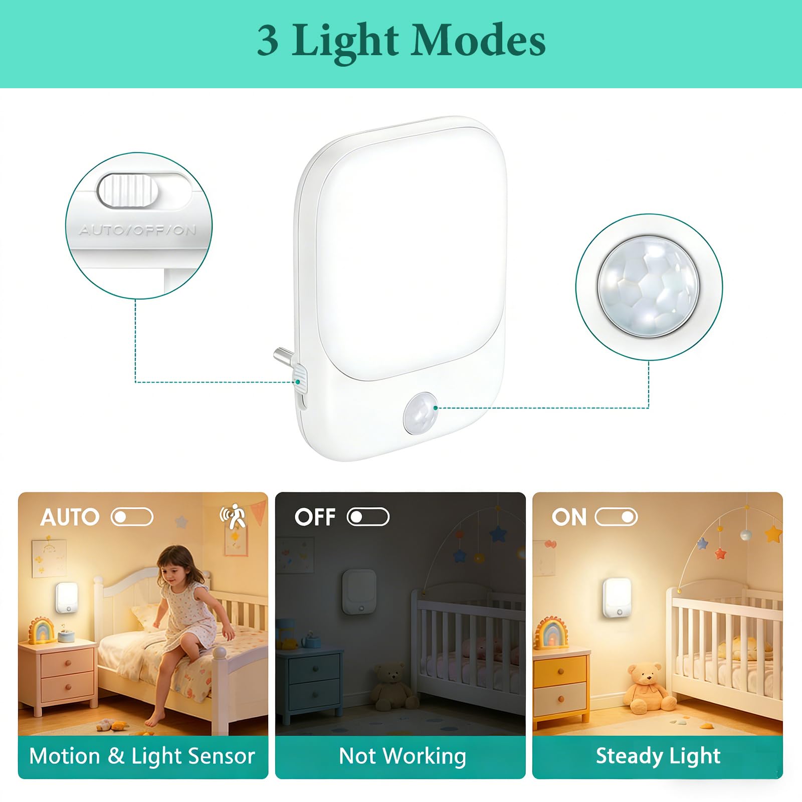 ORIA Lampka nocna z czujnikiem ruchu, 2 sztuki lamp wtykowych, 5 regulowanych jasności, tryb ON/AUTO/OFF, lampka nocna LED do pokoi dziecięcych, sypialni, schodów, kuchni - ciepła biel
