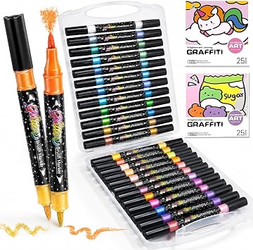 Esoes 48 Colors Glitter Brush Markers, 24 Pack Dual Tip Brush Glitter Pens, Metallic Sparkle Markers for Cards, DIY Crafts, Doodle, Writing, Adults Coloring Books, Art Supplies Scrapbooking