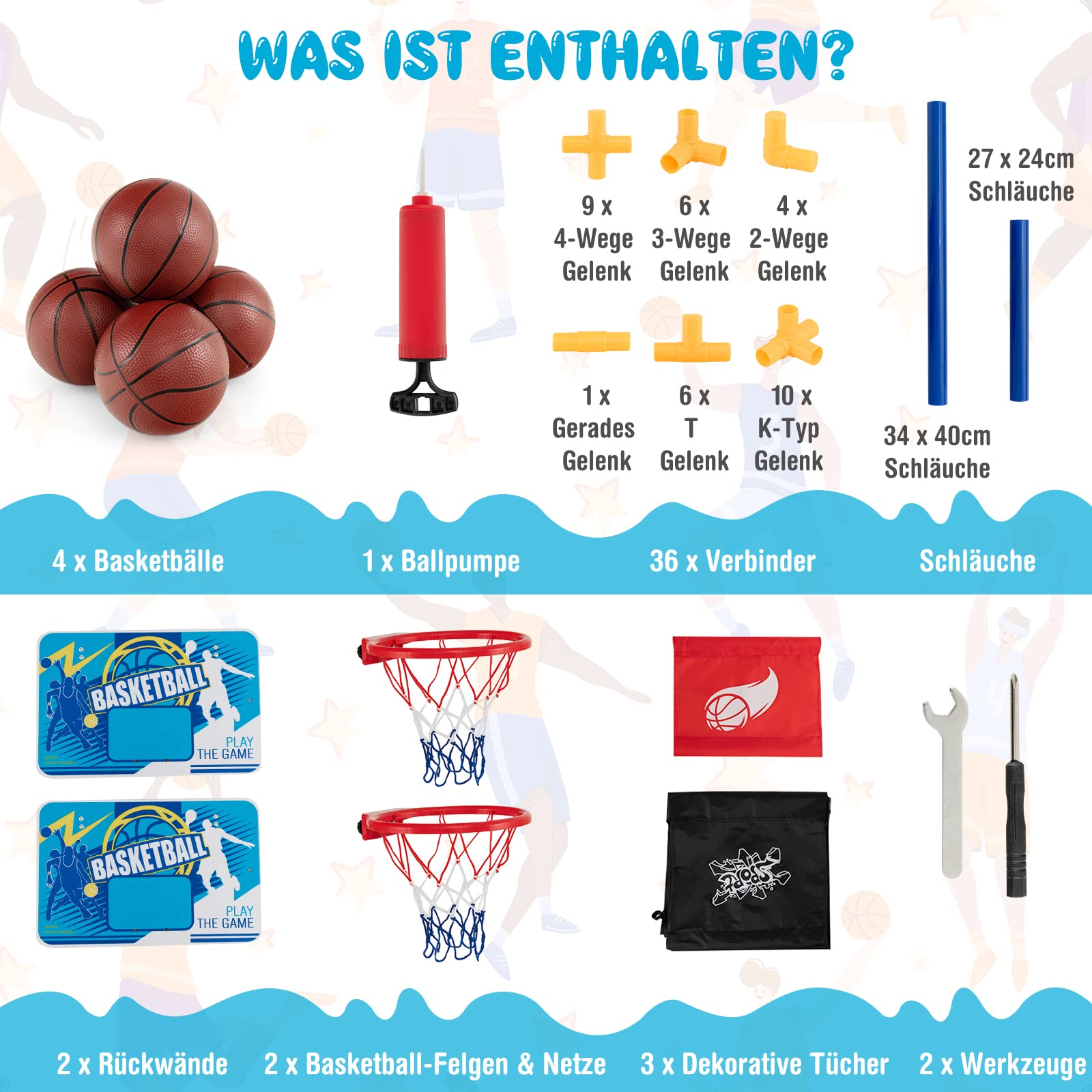 COSTWAY Arcade Basketball Spielset, Basketballständer mit 2 Körben, 4 Bällen und Pumpe, Mini Basketballkorb Outdoor Indoor, Basketballspiel 2 Spieler, Basketball Hoop Kinder Erwachsener, 140cm hoch