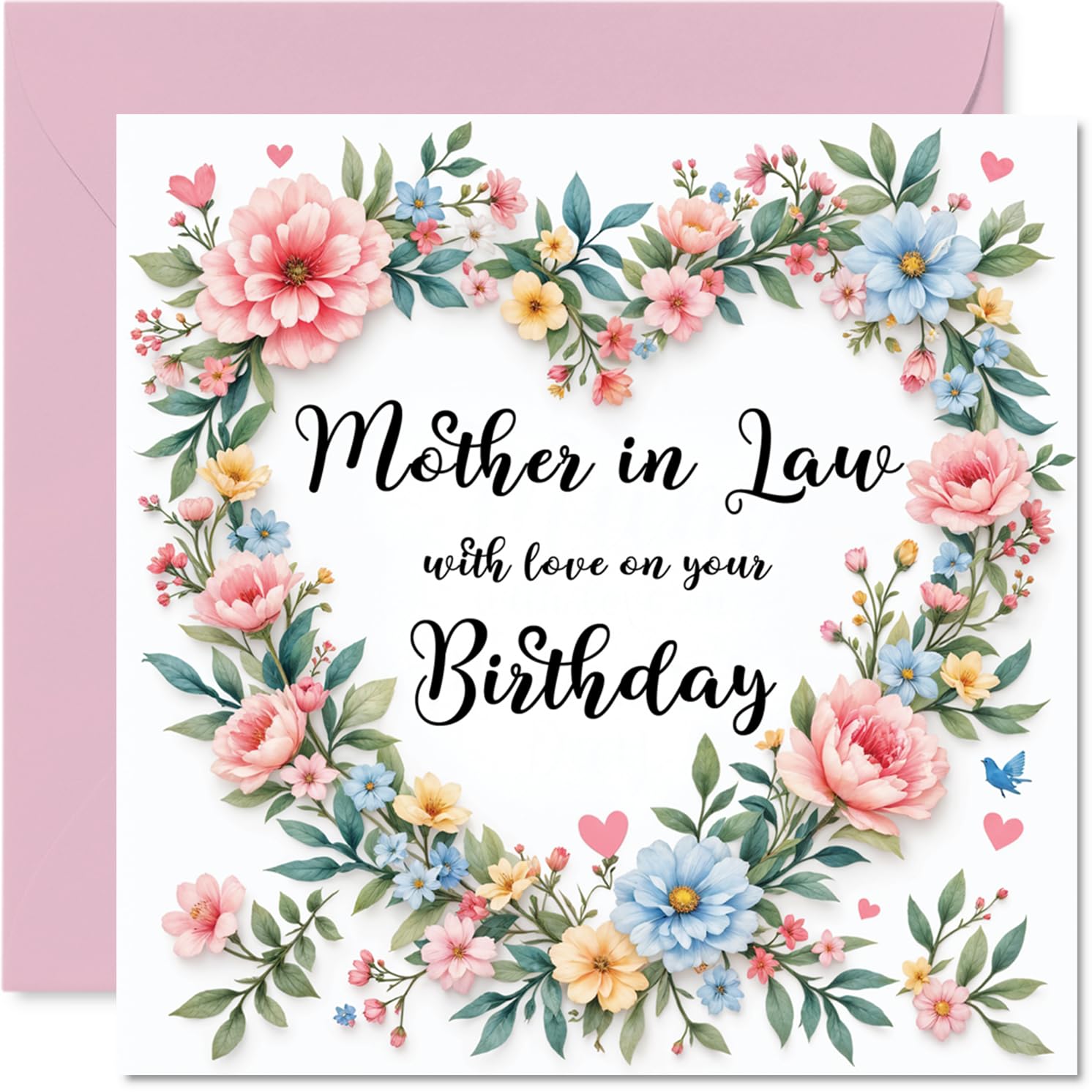 Mother in Law Birthday Card - Flower Heart Wreath - Happy Birthday Card for Mother in Law from Son Daughter, 145mm Flower Heart Wreath Bday Greeting Cards