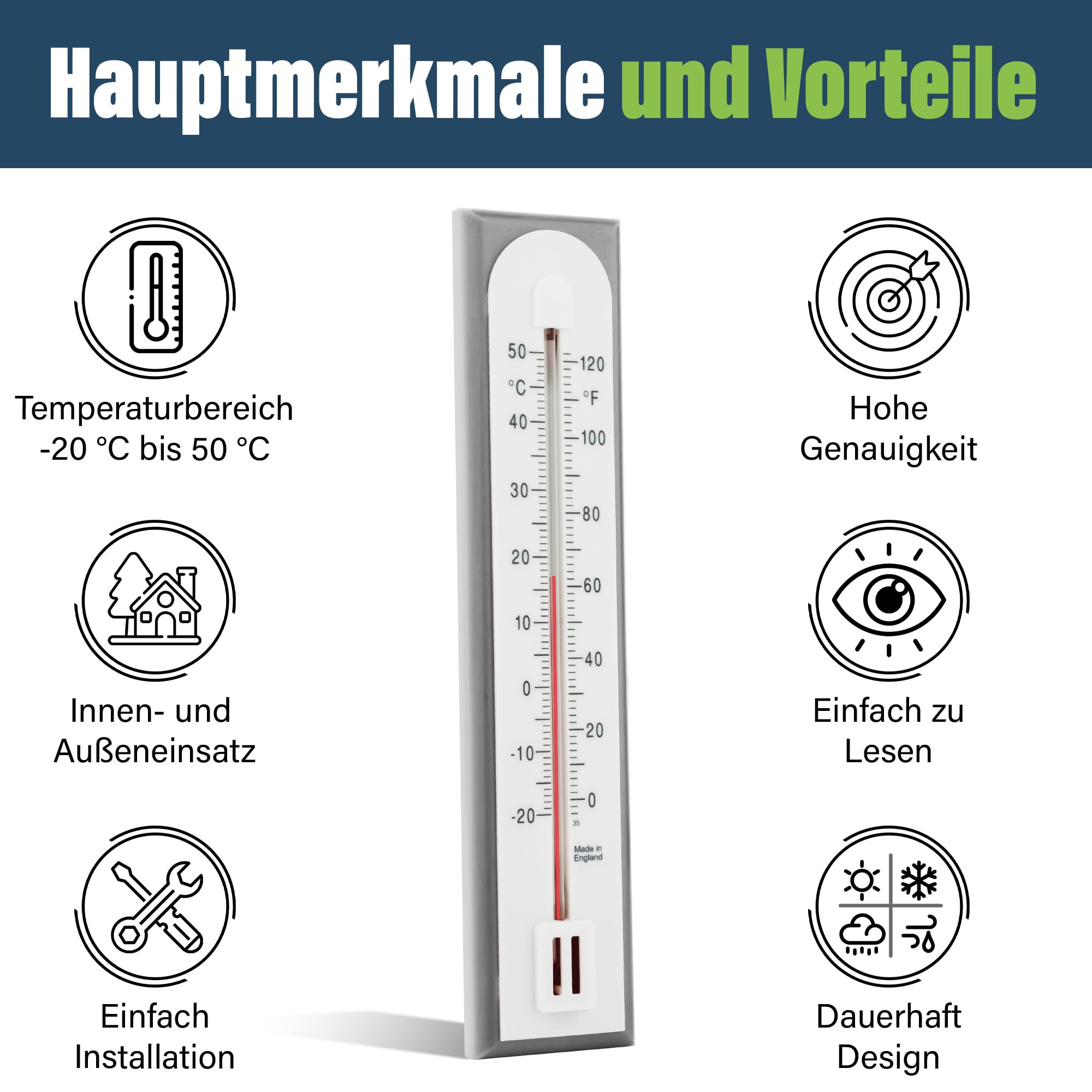 Genaues Raumthermometer Innen Analog den Einsatz als Raumtemperatur Messgerät im Heimbüro, Garten oder Gewächshaus, einfach an der Wand Zimmer Thermometer zu montieren, für drinnen und draußen