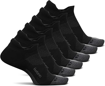 Feetures Elite Max Cushion No Show Tab Ankle Socks - Sport Sock with Targeted Compression - Black, S 6 Pair