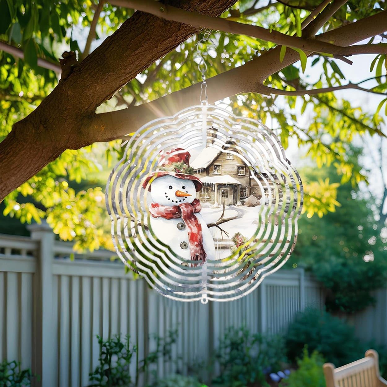 Snowman with Wood House Christmas Wind Spinners 3D Stainless Steel Laser Cut Metal Double Sided Printing-Hanging Indoor/Outdoor Decorations Yard Gardening Decor,Metal Kinetic Art 16x16 inches