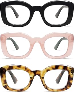 AMOMOMA 3 Pack Retro Square Reading Glasses for Women Men 1.50 1.00 2.00 Blue Light Thick Spring Hinge Chic Reader AM6089