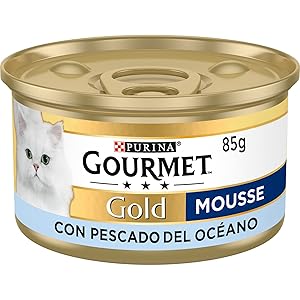 GOURMET Gold Mousse, Comida Húmeda para Gato Adulto, Mousse de Pescado del Océano, Pack de 24 Latas de 85 g