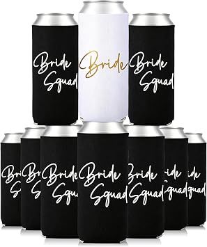 LADY&HOME Bachelorette Slim Can Coolers for Bridesmaid, Set of 10 Bride and Bride Squad Can Cooler for Bachelorette Party Favors and Decorations for WeddingBlack Squad,Slim