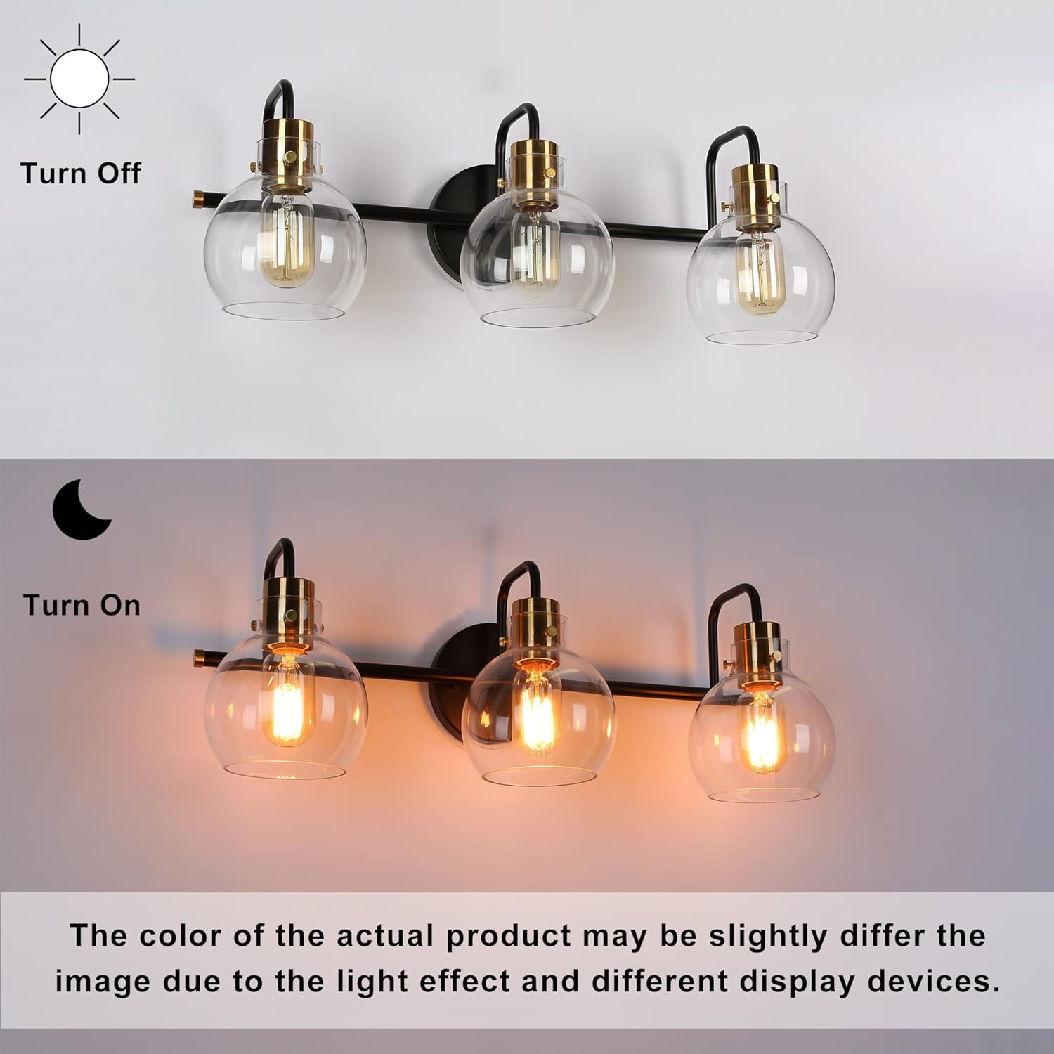 ZEVNI Modern Bathroom Vanity Light, 3-Light Black Gold Vanity Light Fixture, Bathroom Light Fixtures Over Mirror with Globes Clear Glass Shades, 23" x 8" x 8"