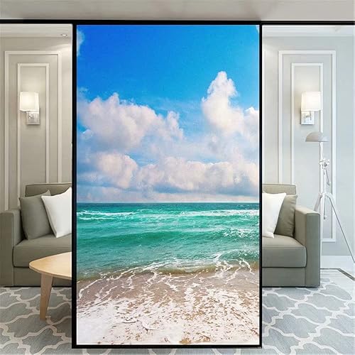 Xijier Película decorativa para ventana esmerilada de privacidad, cubierta de puerta de vidrio con patrón de playa, 39.4 x 39.4 in (39.3 x 39.3
