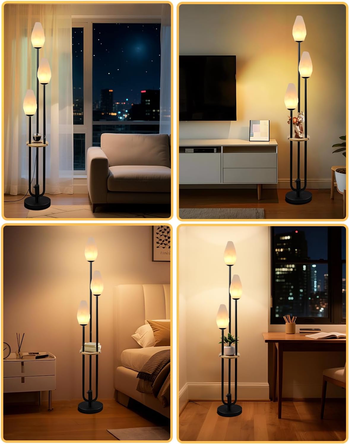 Black Floor Lamp with Tray, 3-Lights Dimmable Floor Lamps with Rock-Shaped Shade, Unique Candle Holder Style Modern Tall Standing Lamp for Living Room/Party(Bulbs Included)