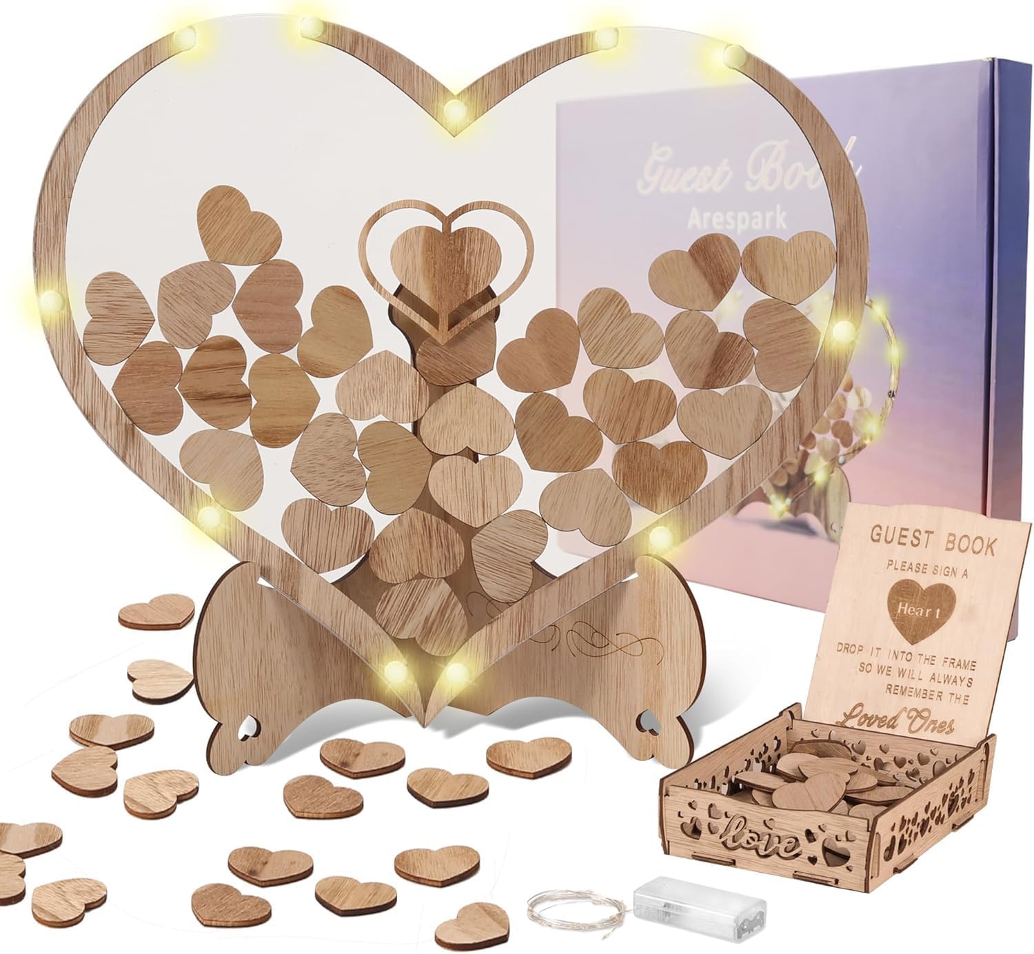 Arespark Wedding Guest Book Alternative, Wood Heart Drop Guest Book for Guests to Sign, Rusitc Wedding Decoration Set for Wedding Reception Birthday Graduation Party Memorial Days