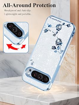 携帯電話ケース Google Pixel 9 Pro XL用 クリア グリッター フローラル、かわいい スリム Google Pixel 9 Pro XLケース シリコン 耐衝撃 保護 女性 ガールズ カバー スパークル 美的 ブルーシルバー