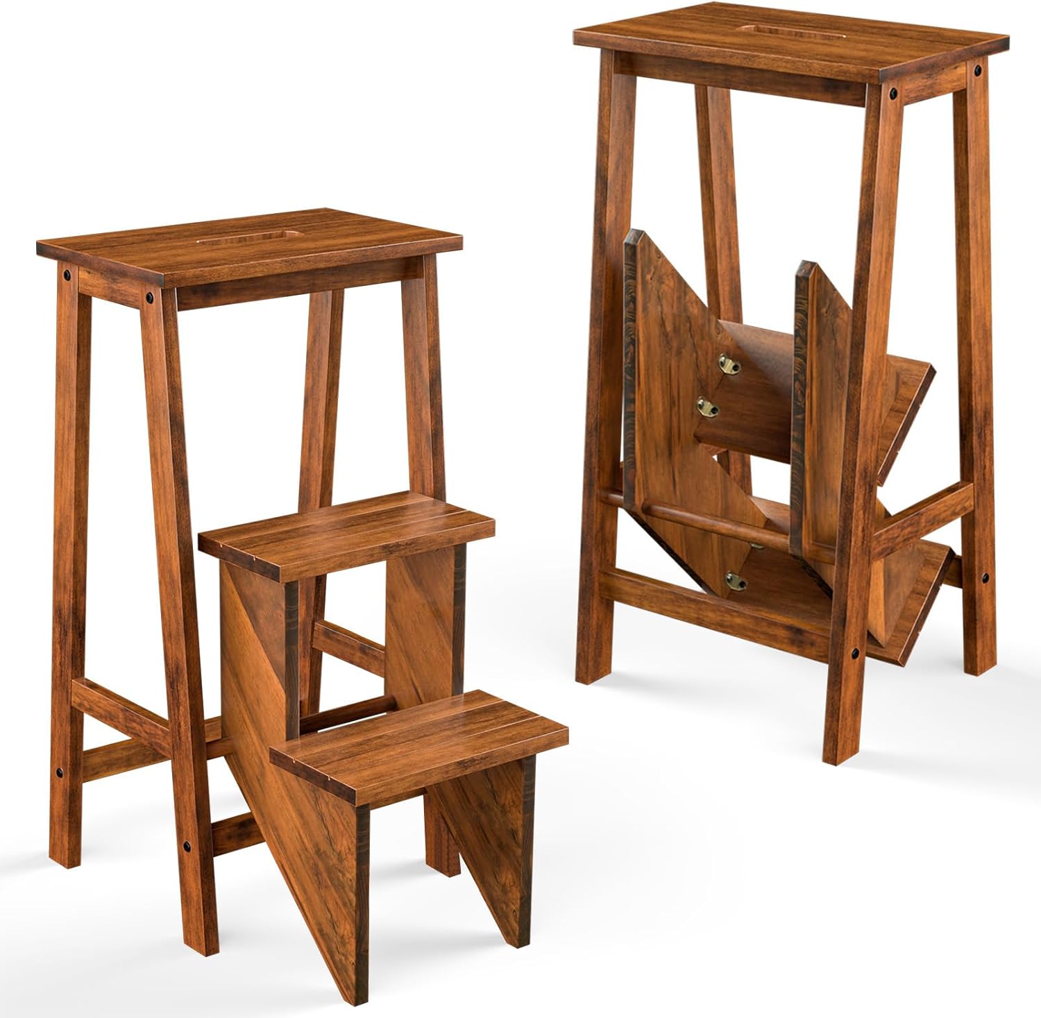 3-Step Folding Wooden Step Stool, Portable Anti-Slip Step Ladder, Foldable Wood Counter Staircase, Multifunctional Flower Shelf & Chair for Kitchen/Garage/Living Room/Library (Coffee)