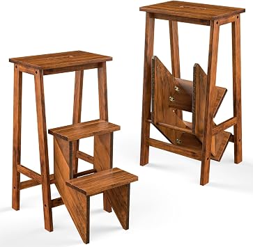 3-Step Folding Wooden Step Stool, Portable Anti-Slip Step Ladder, Foldable Wood Counter Staircase, Multifunctional Flower Shelf & Chair for Kitchen/Garage/Living Room/Library Coffee
