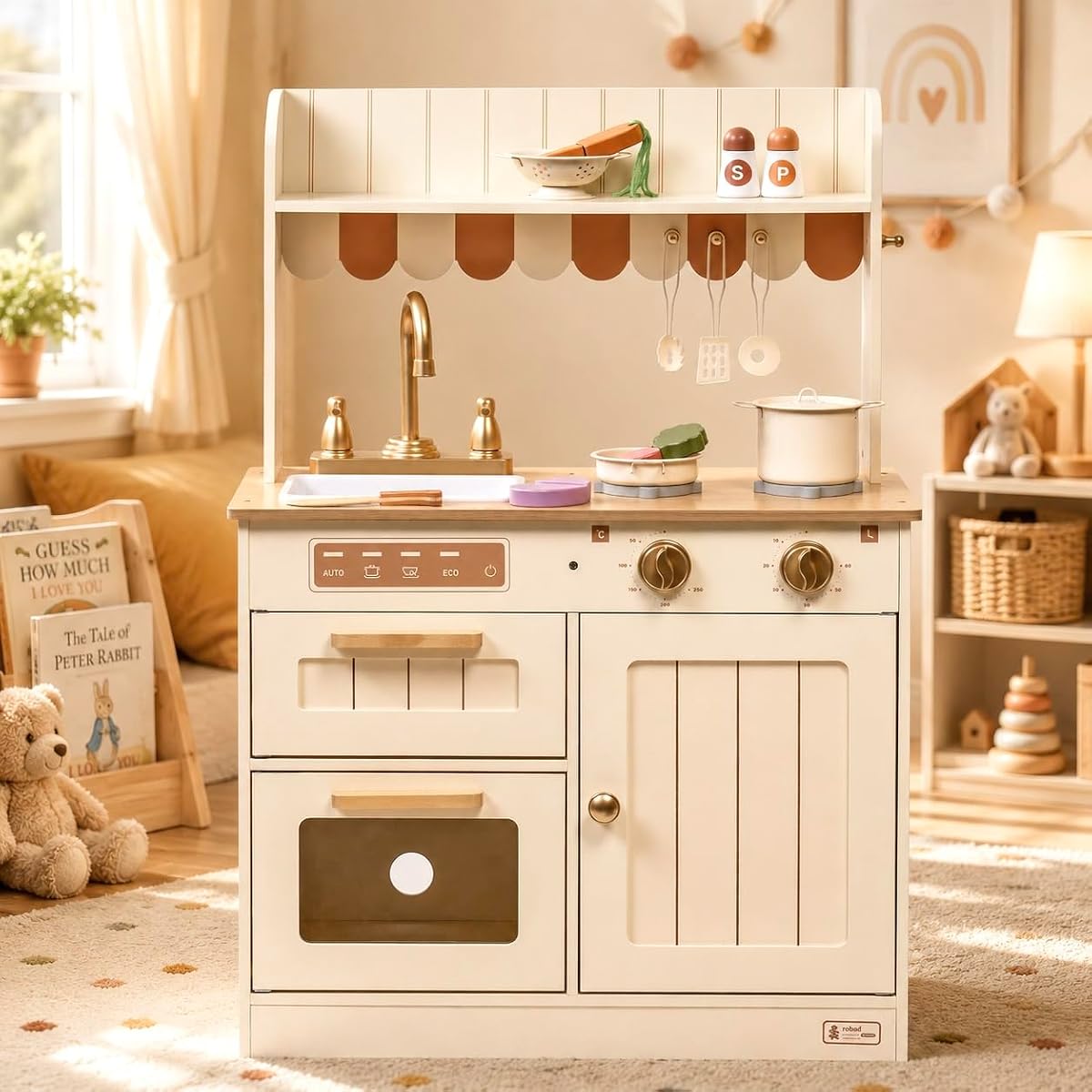 ROBUD Play Kitchen, Wooden Kids Kitchen Playset for Kids | Golden Faucet, Sink, Oven, Stove, Cabinet, Vintage Style, Gift for Boys & Girls Ages 3+, Sturdy & Durable, White