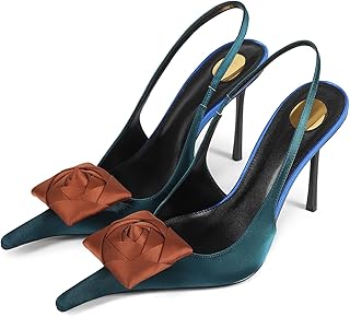 Flower High Heels for Women Closed Pointed Toe Stilettos Heel Pumps Slip On Elastic Ankle Strap Slingbacks Fashion Party Dressy Ladies Sandals Shoes