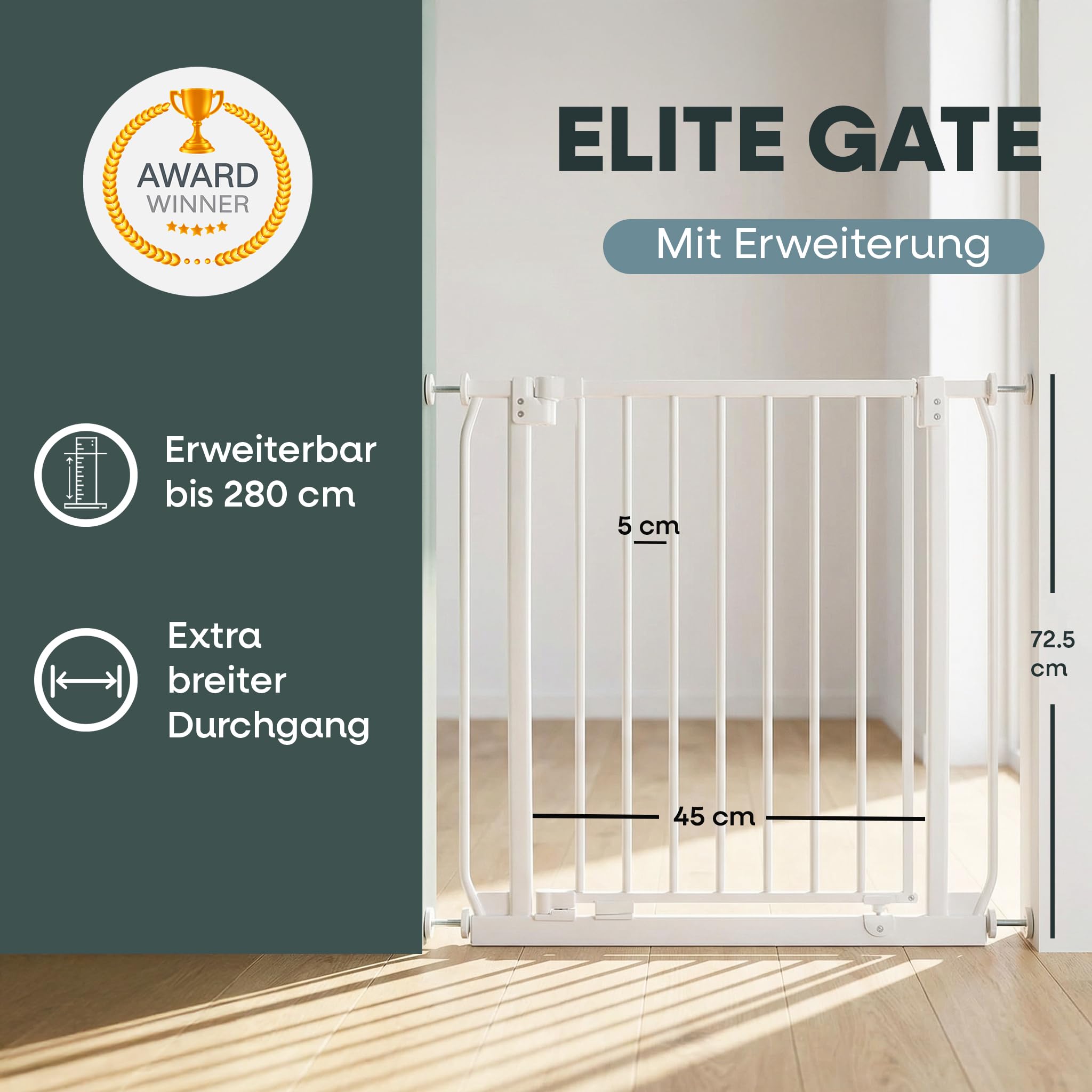 Safetots Elite Pressure Treppenschutzgitter Weiß – Ohne Bohren – Auto-Close & Stay-Open ab 90° – Extra breit bis 71cm-80cm – Beidseitig öffnend – Hochwertiges Sicherheitsgitter für Kinder & Haustiere