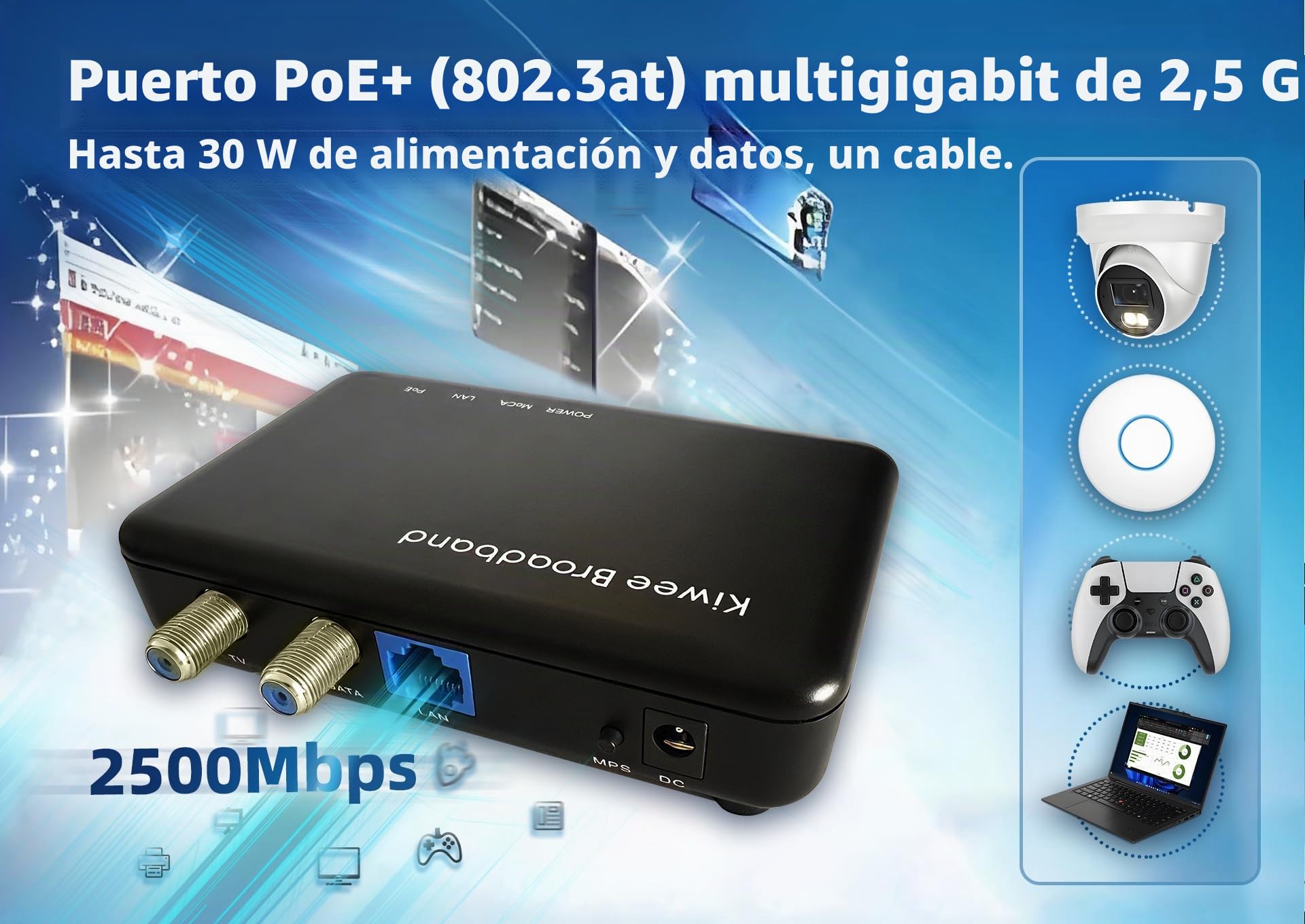Kit de Adaptador Moca 2.5 con Puerto Ethernet 2,5G y PoE+ 30W para Ethernet sobre Coaxial – Ideal para Puntos de Acceso Wi-Fi 6E/7, Cámaras IP y más – Modelo KB-M3-03