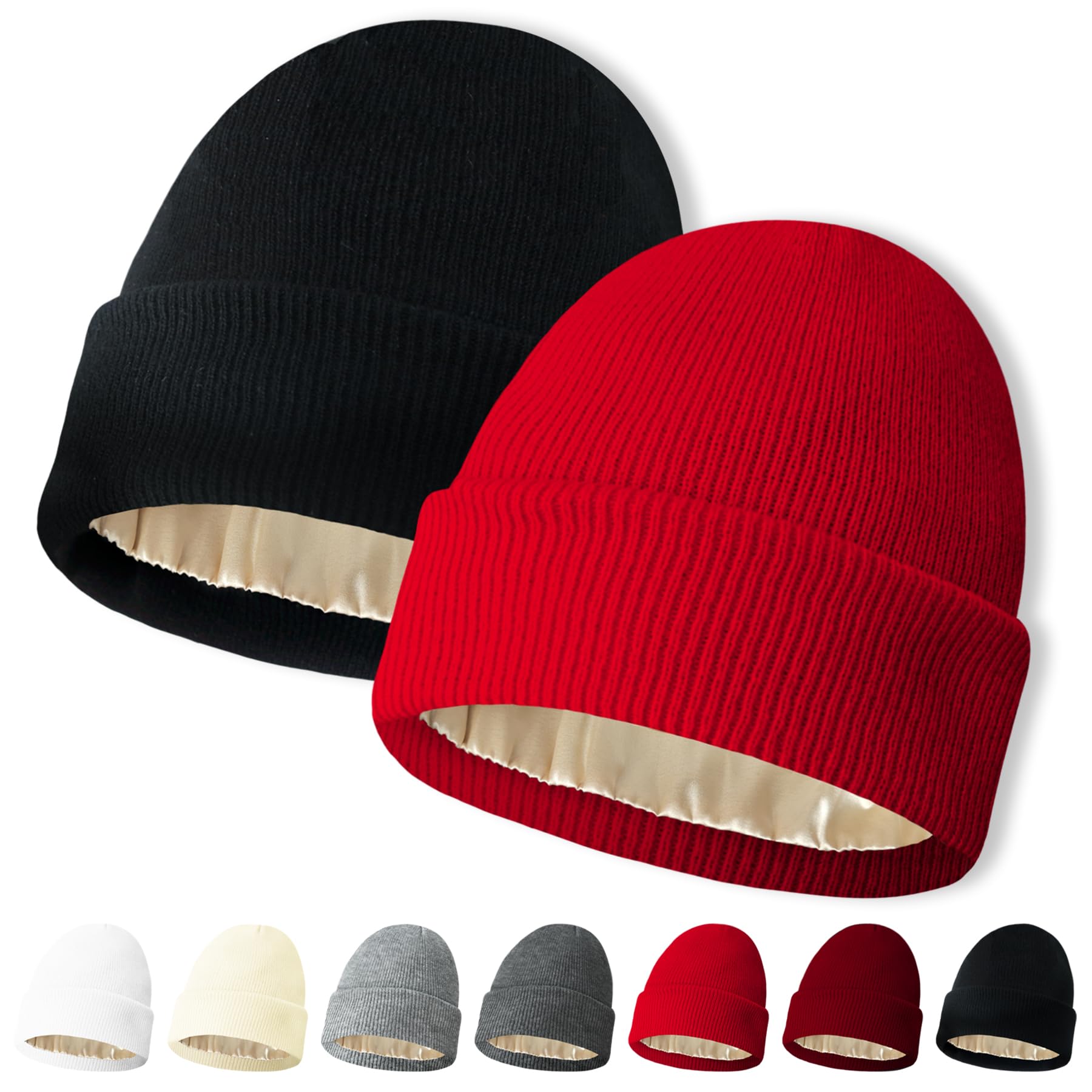 NPQQUAN 2 PCS Satin Lined Beanie for Women Silk Lined Beanies Winter Warm Soft Lining Cuffed Knit Beanie Hats for Woman
