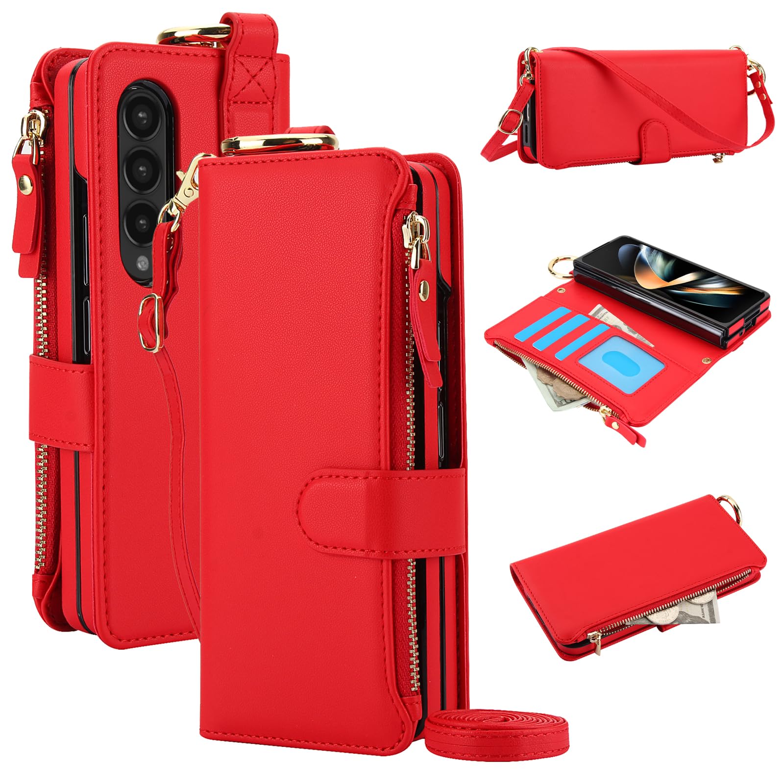 Asuwish Phone Case for Samsung Galaxy Z Fold 3 5G 2021 Zipper Wallet with Crossbody Strap Card Holder RFID Blocking Stand ...